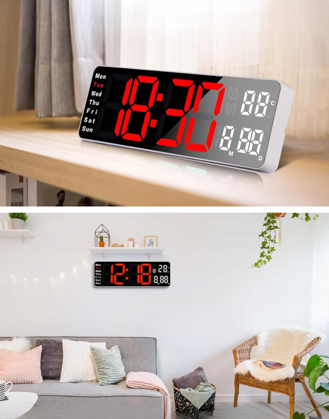 ZEGAR ŚCIENNY Z PILOTEM LED CYFROWY ELEKTRONICZNY BUDZIK STOPER TIMER TEMP