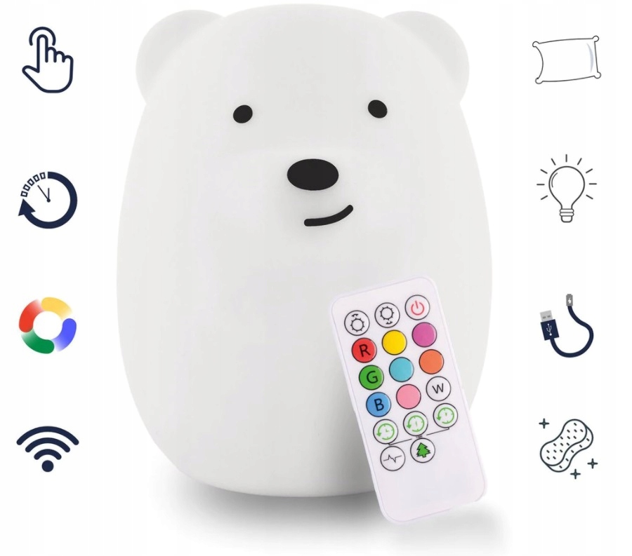 LAMPKA NOCNA XL DLA DZIECI MIŚ MIĘKKI SILIKON KOLOROWA RGB LED USB + PILOT