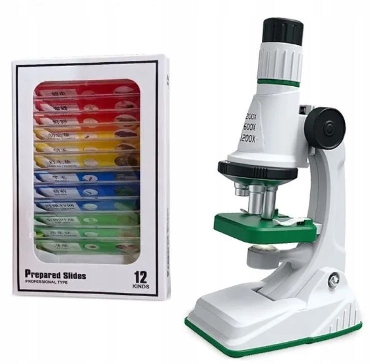 MIKROSKOP EDUKACYJNY ŚWIATŁO LED ZOOM 200X 600X 1200X ZESTAW + 12 PRÓBEK