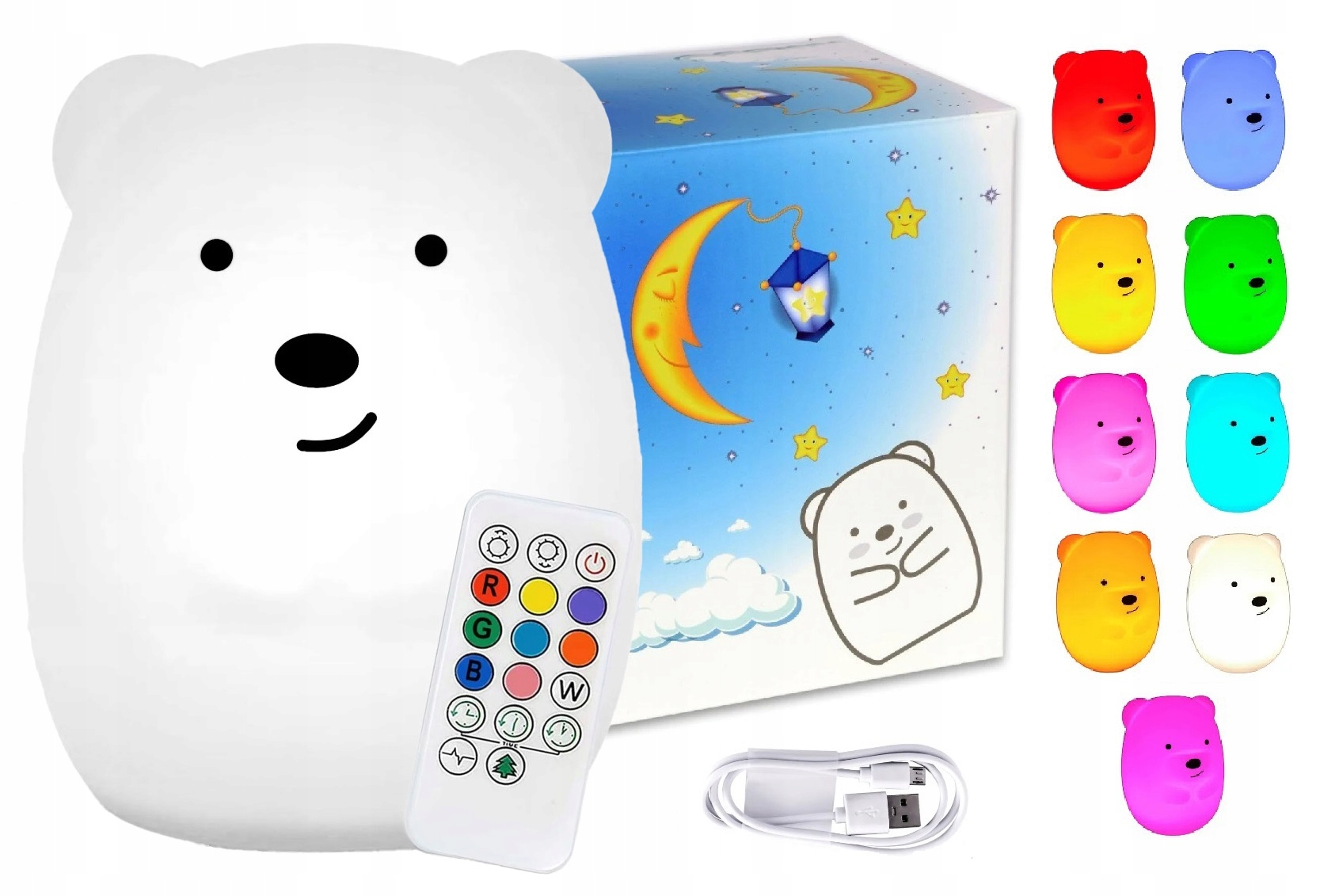 LAMPKA NOCNA XL DLA DZIECI MIŚ MIĘKKI SILIKON KOLOROWA RGB LED USB + PILOT
