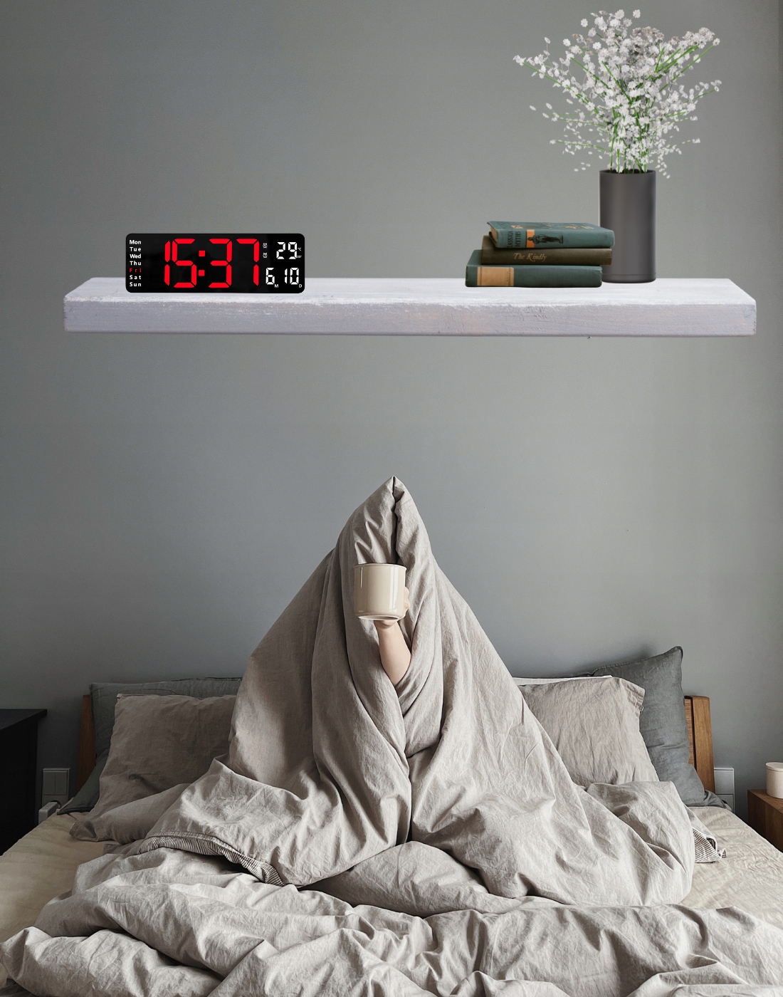 ZEGAR ŚCIENNY Z PILOTEM LED CYFROWY ELEKTRONICZNY BUDZIK STOPER TIMER TEMP