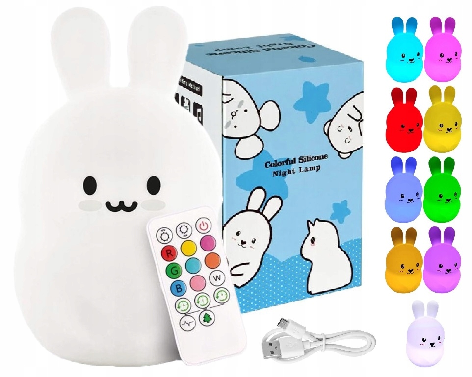 LAMPKA NOCNA XL DLA DZIECI KRÓLIK SILIKON KOLOROWA RGB LED USB + PILOT