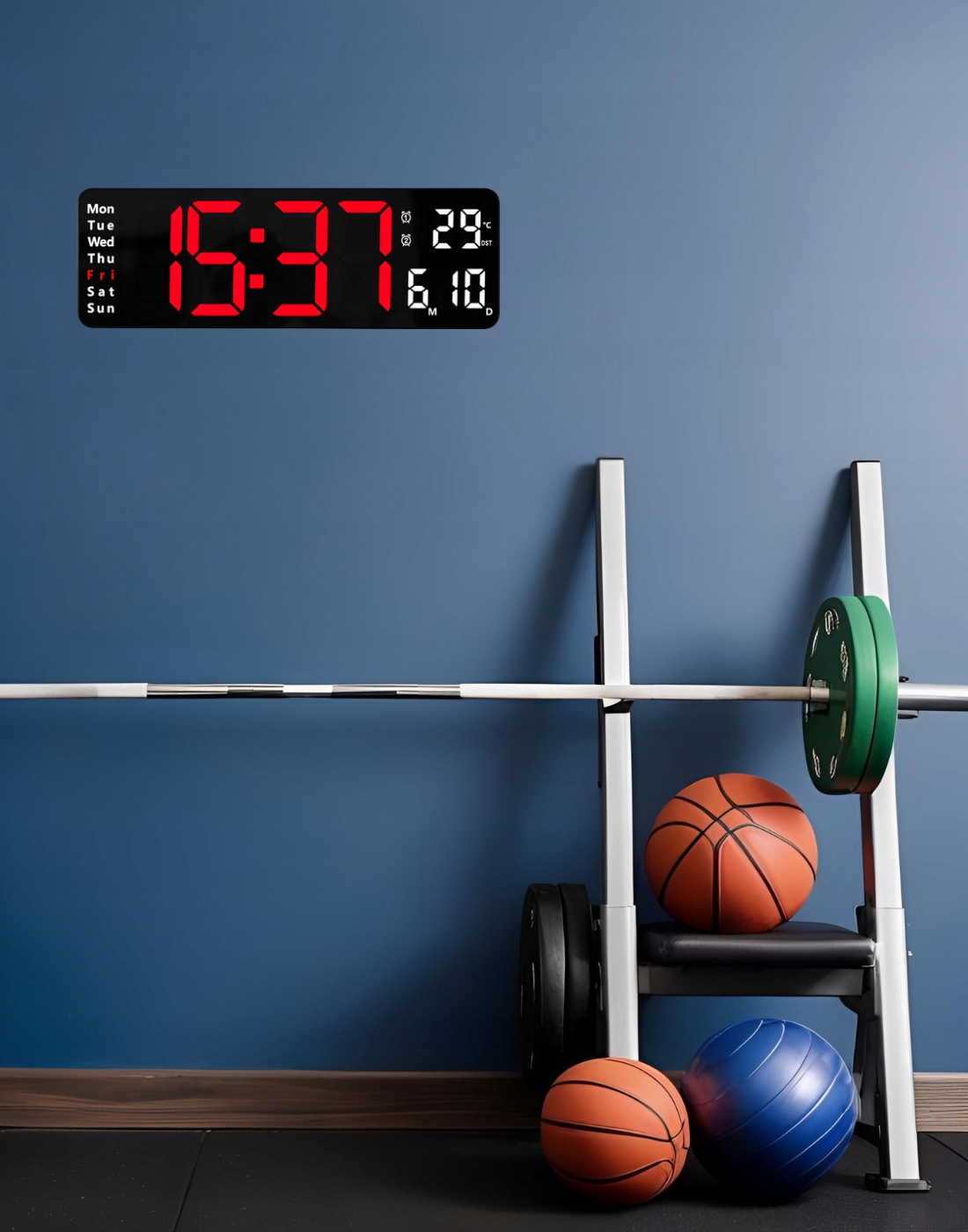 ZEGAR ŚCIENNY Z PILOTEM LED CYFROWY ELEKTRONICZNY BUDZIK STOPER TIMER TEMP