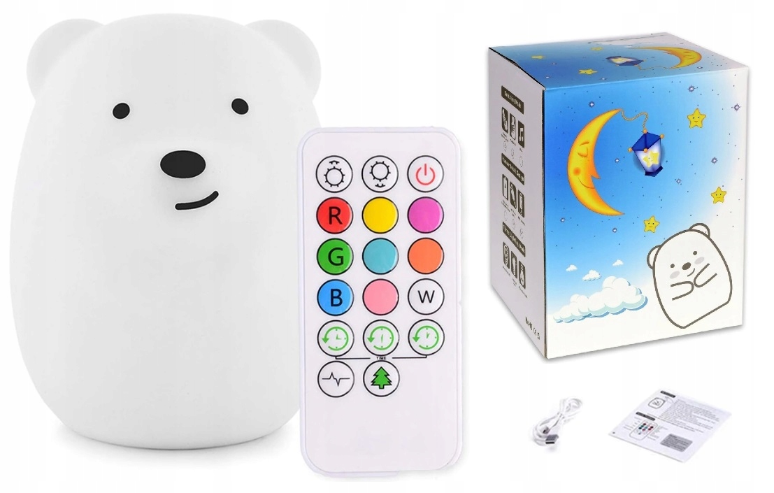 LAMPKA NOCNA XL DLA DZIECI MIŚ MIĘKKI SILIKON KOLOROWA RGB LED USB + PILOT