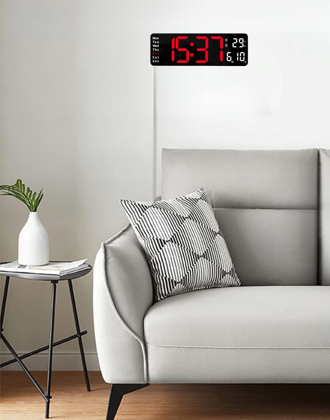 ZEGAR ŚCIENNY Z PILOTEM LED CYFROWY ELEKTRONICZNY BUDZIK STOPER TIMER TEMP