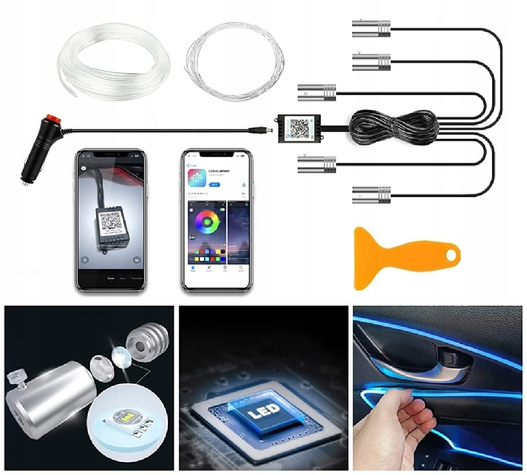 OŚWIETLENIE LED ZESTAW DO AUTA PASEK TAŚMA 6M RGB KOLOROWA DO SAMOCHODU