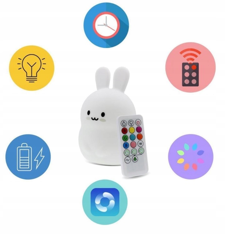 LAMPKA NOCNA XL DLA DZIECI KRÓLIK SILIKON KOLOROWA RGB LED USB + PILOT