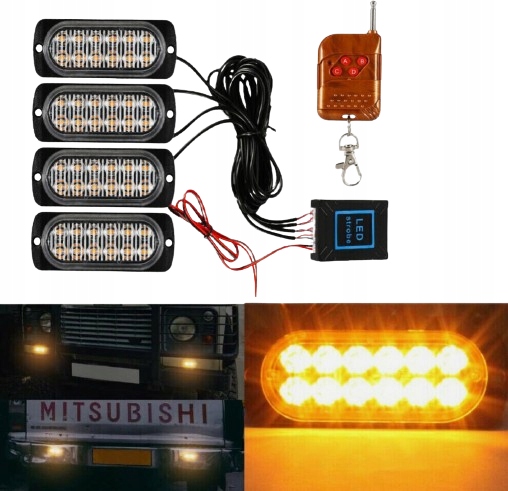 LAMPY OSTRZEGAWCZE STROBOSKOP LED AWARYJNE 4x12 18 TRYBÓW 12V 24V + PILOT
