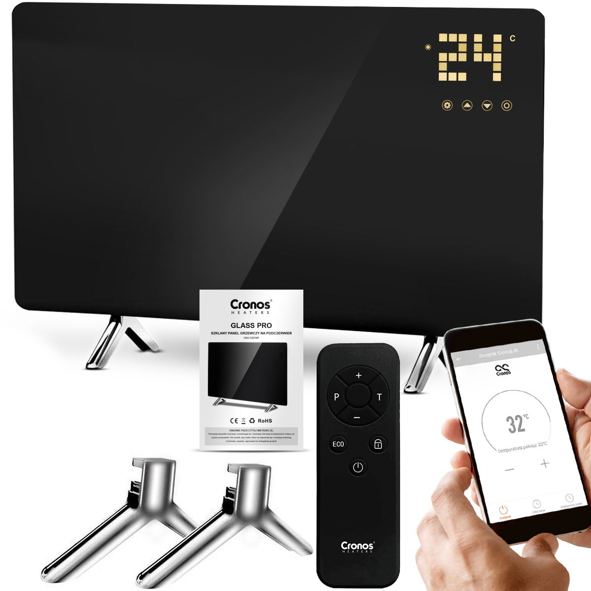 Panel grzewczy IR CRONOS Synthelith GLASS CRG-720TWP Black
