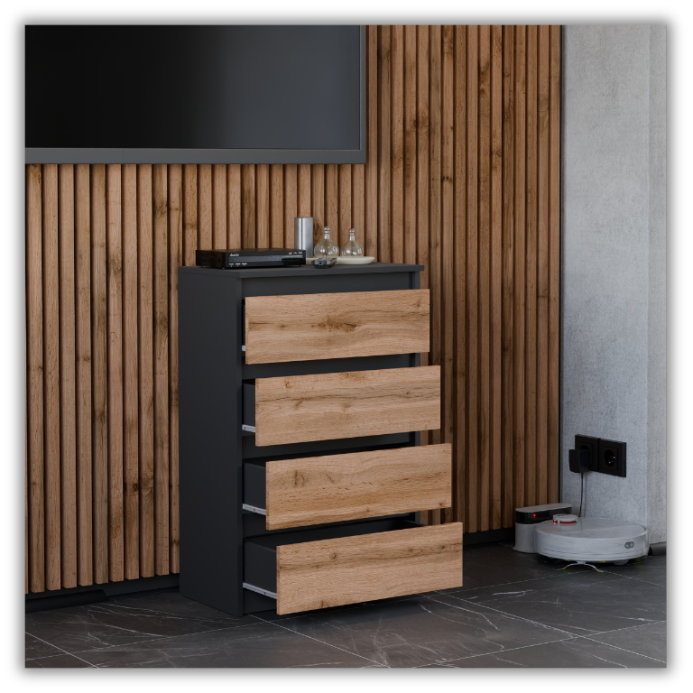 Commode 4 tiroirs Noir/Chêne Wotan