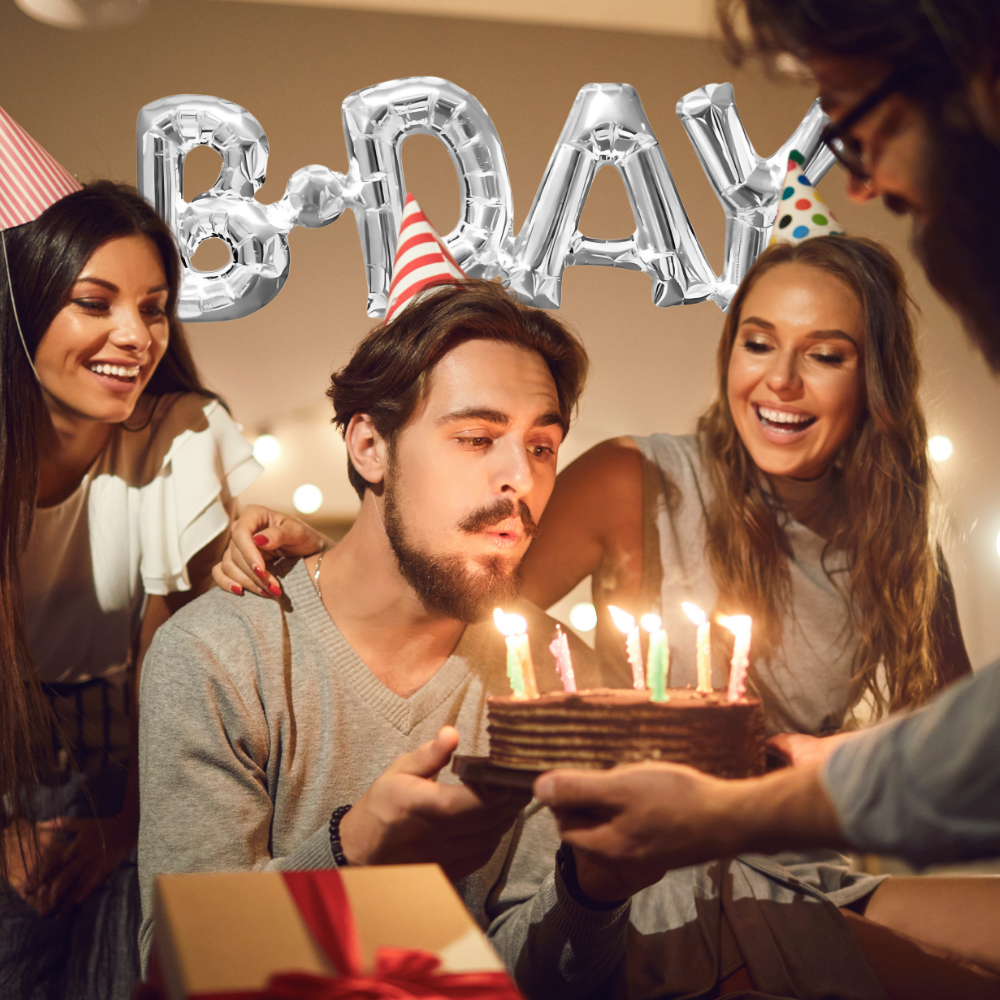 balon foliowy ogromny napis b-day srebrny urodziny 66 cm x 22 cm