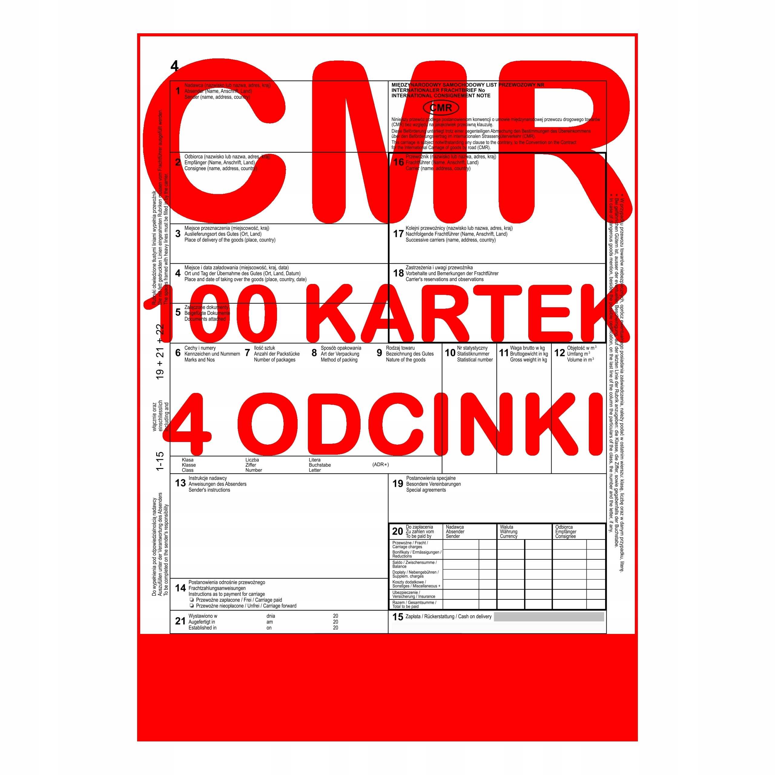 cmr list przewozowy 100 kartek - 4 odcinki - 25 kompletów