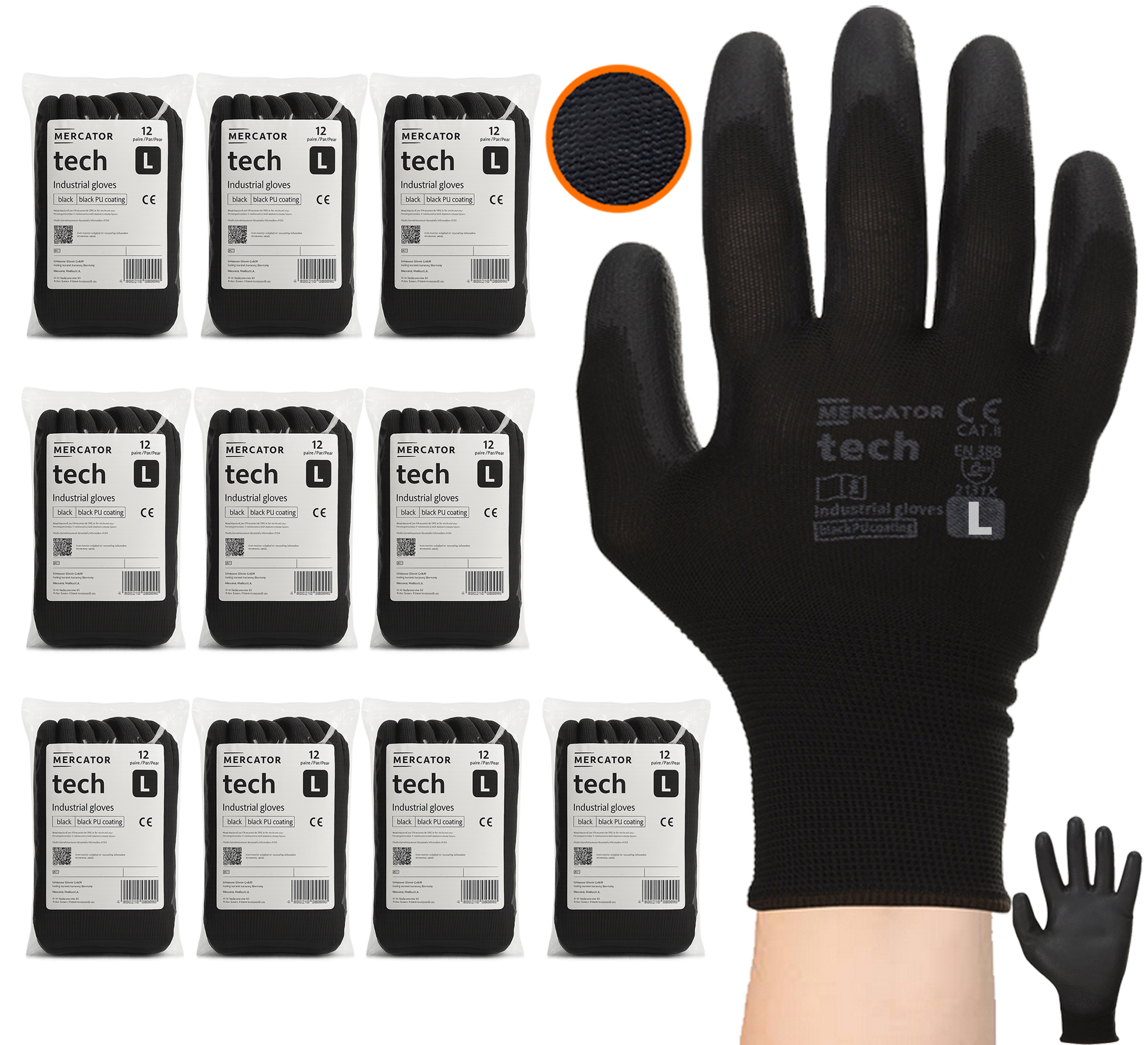 rękawice robocze mercator tech black+black pu - l - 120 par