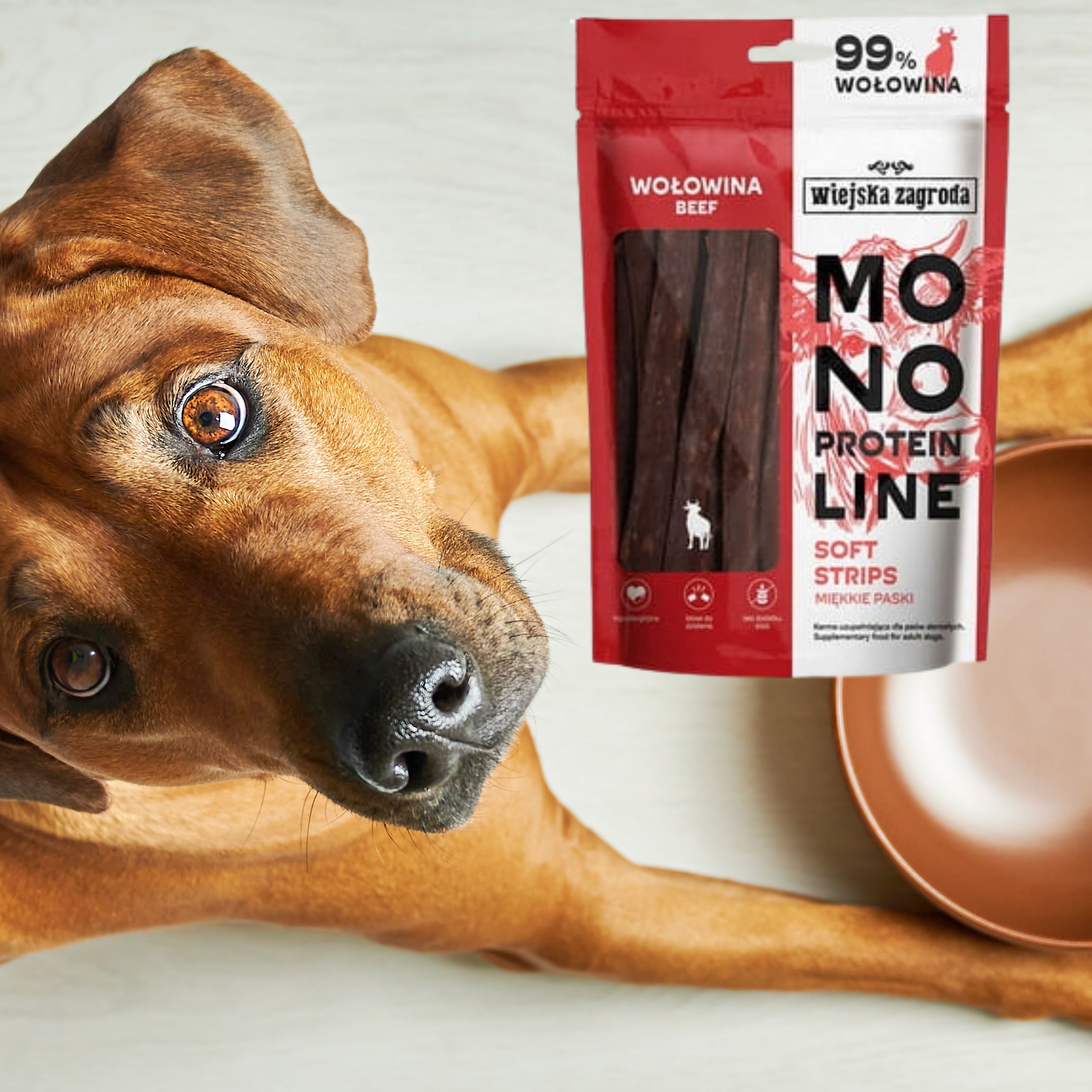 przysmak dla psa wołowina monoproteinowe miękkie paski wiejska zagroda 100g