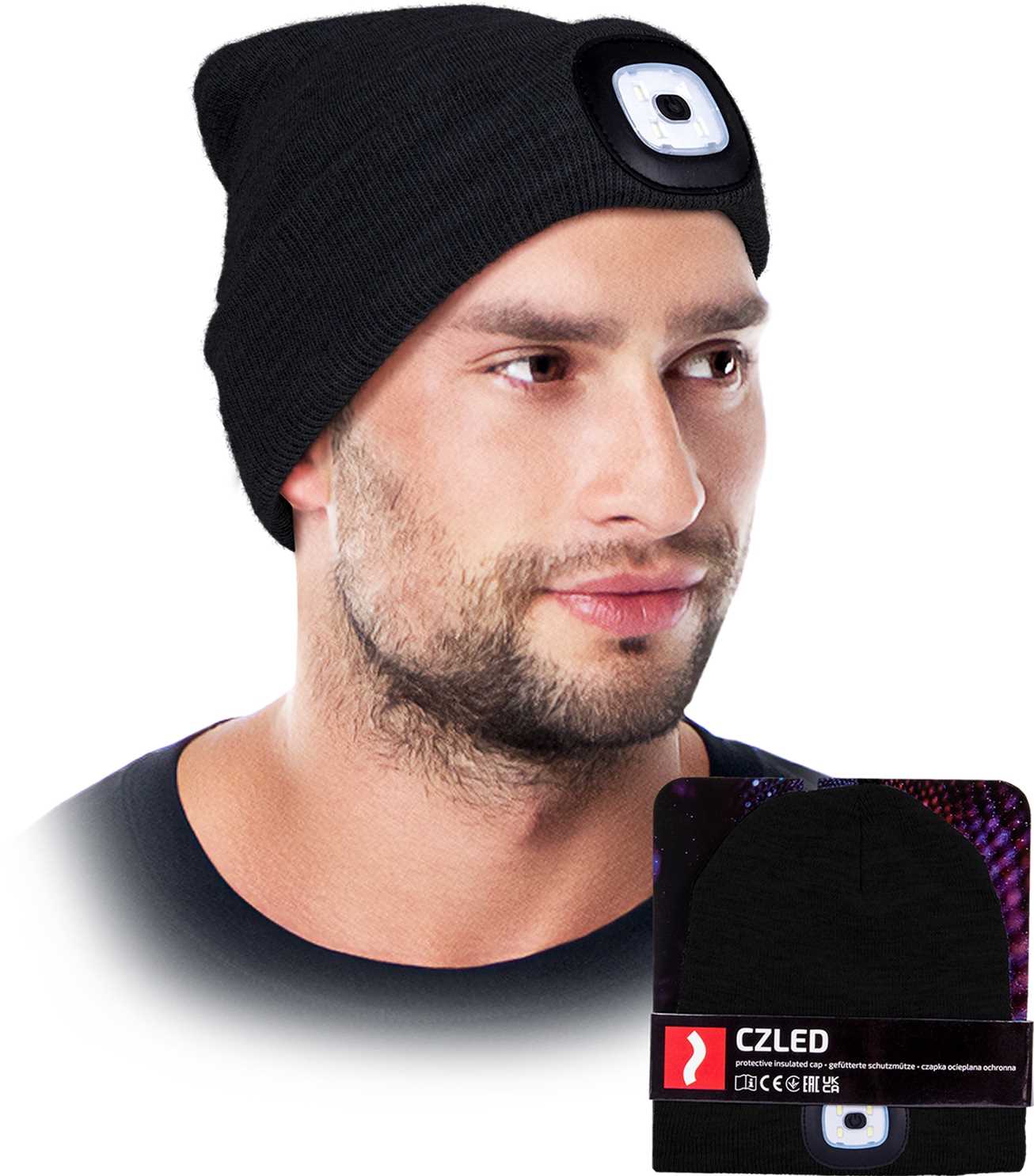czapka zimowa led z wymienną latarką reis czled_b