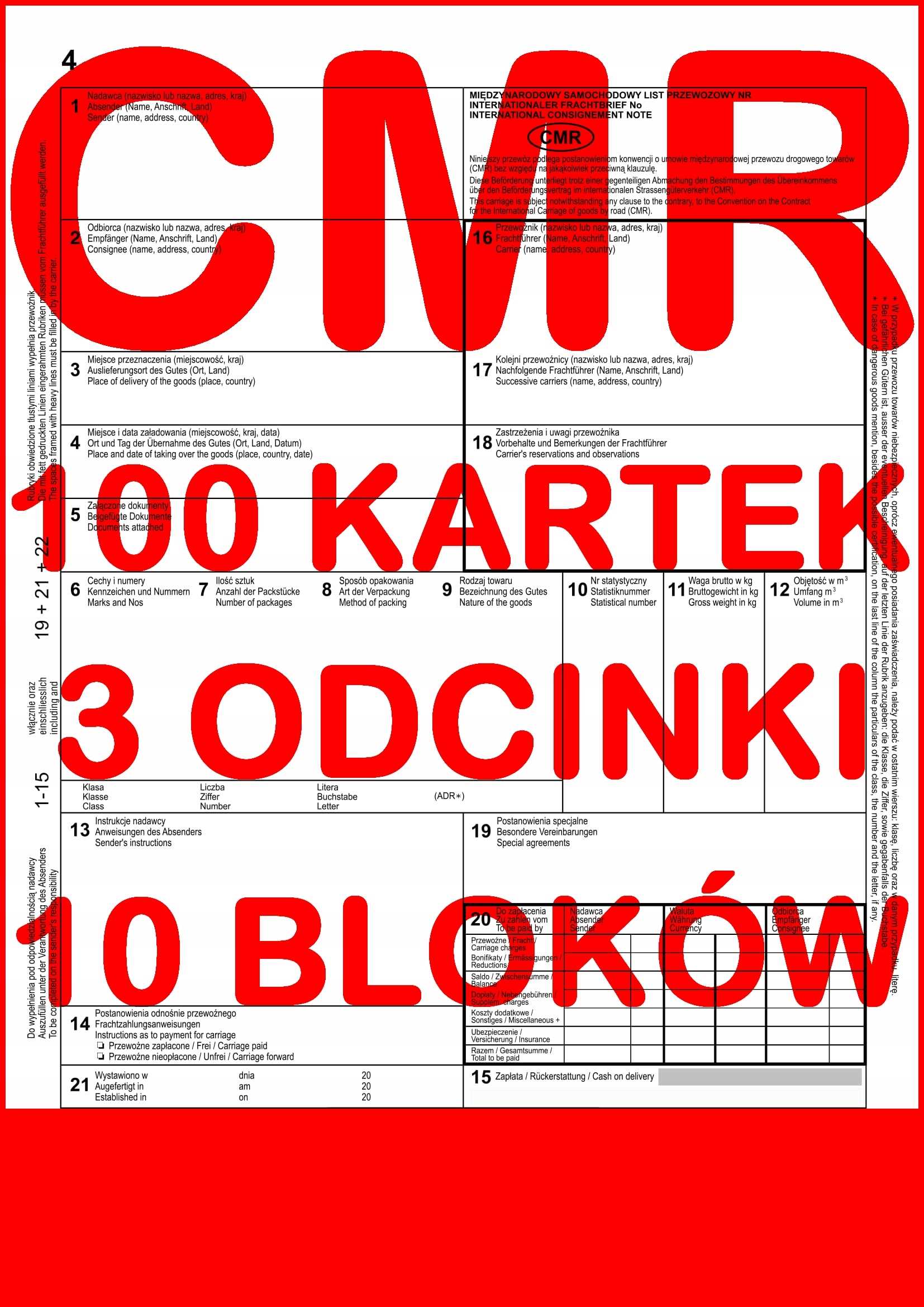 cmr list przewozowy 100 kartek - 3 odcinki - 33 komplety - 10 szt.