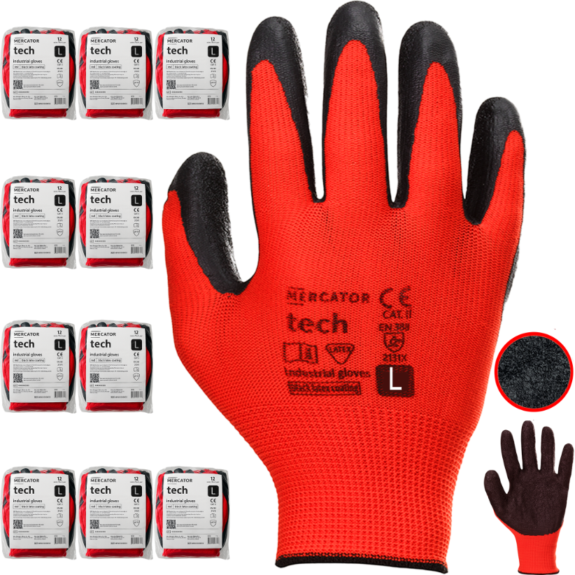 rękawice robocze mercator tech red+black latex - l - 120 par