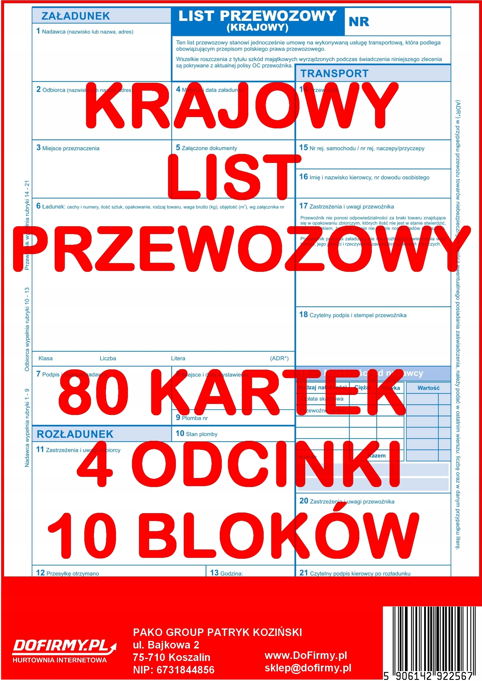 krajowy list przewozowy 80 kartek - 4 odcinki - 20 kompletów - 10 szt.