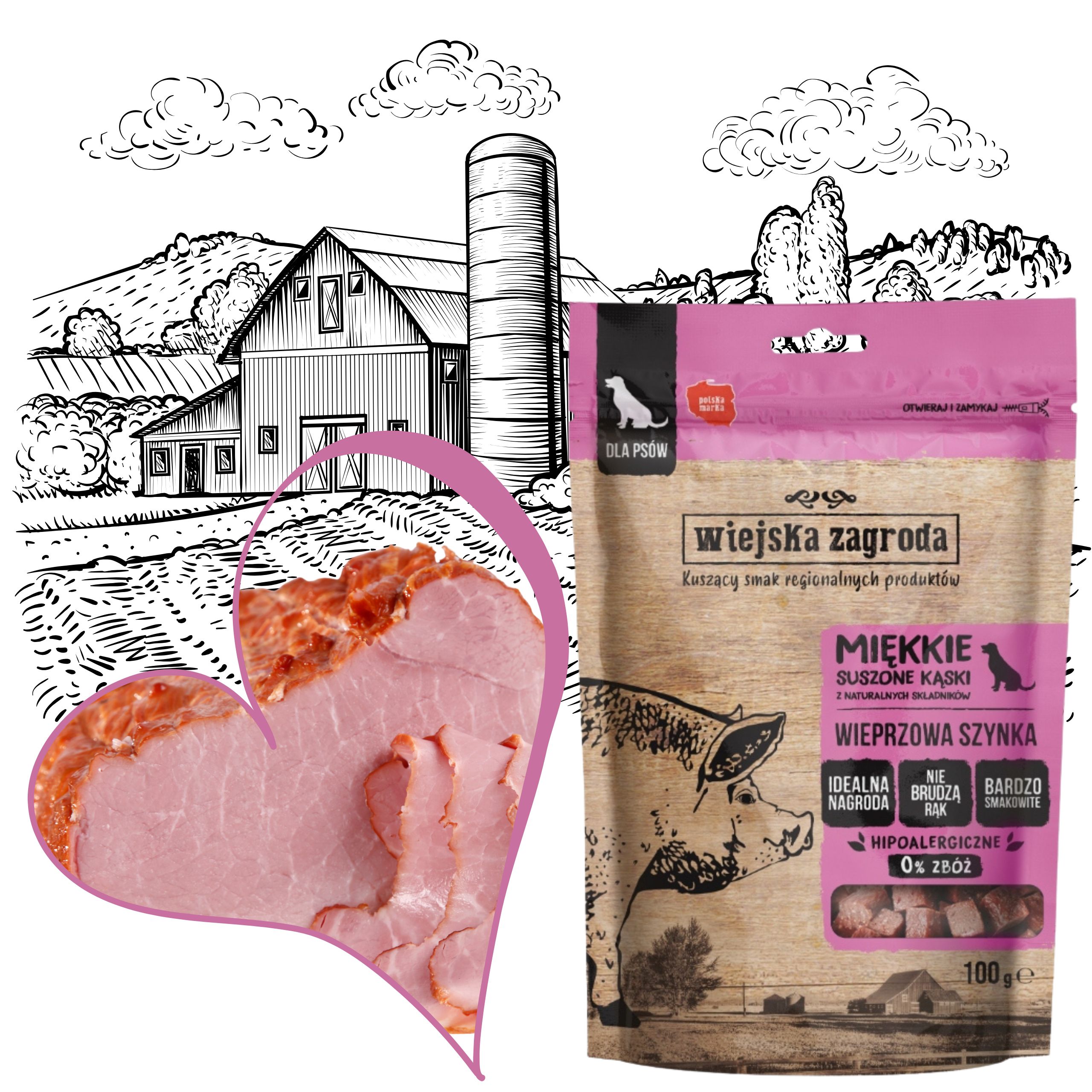 przysmaki dla psa wiejska zagroda suszone kąski wieprzowa szynka 100g