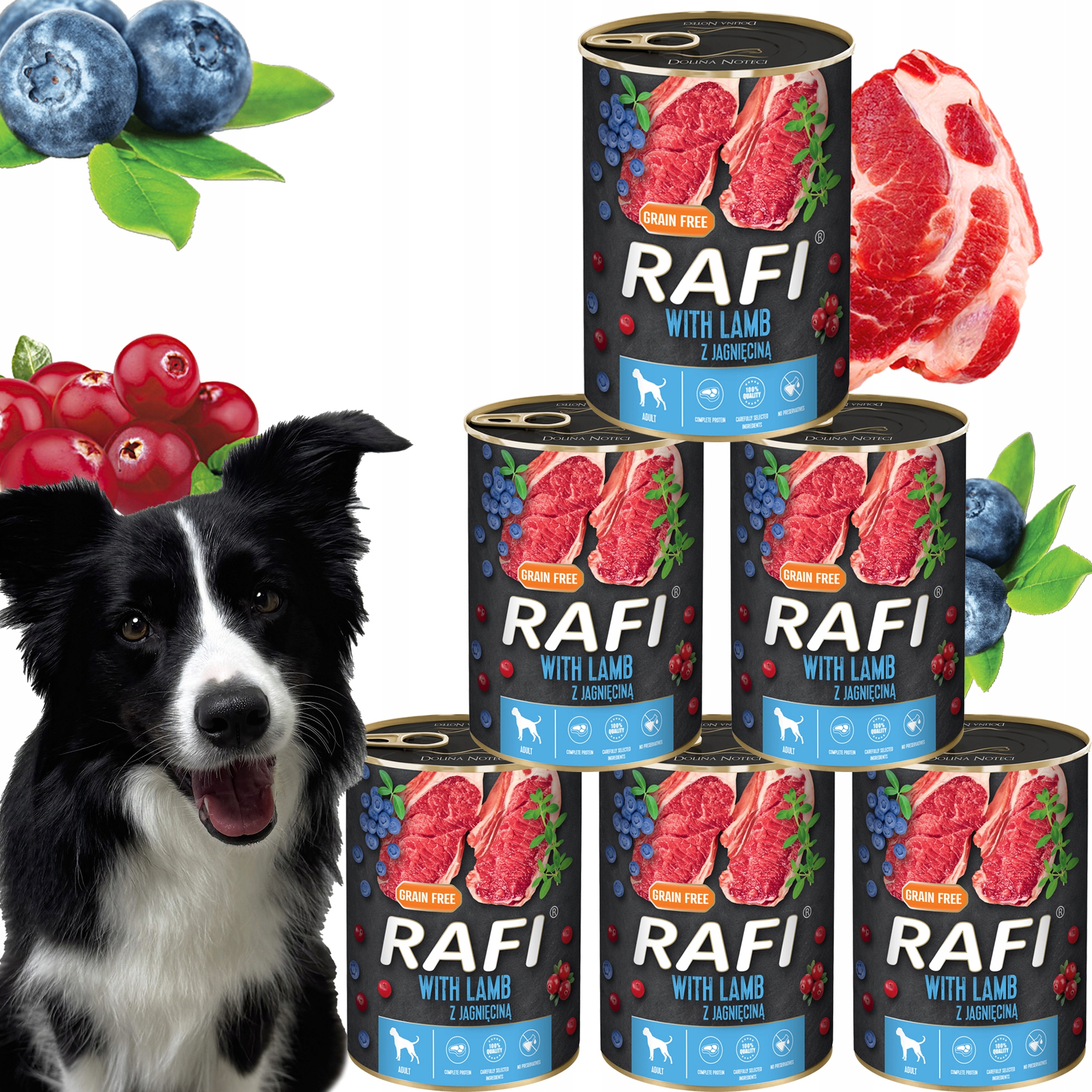 karma mokra dla psów rafi z jagnięciną, borówką i żurawiną 400g - 6 szt.
