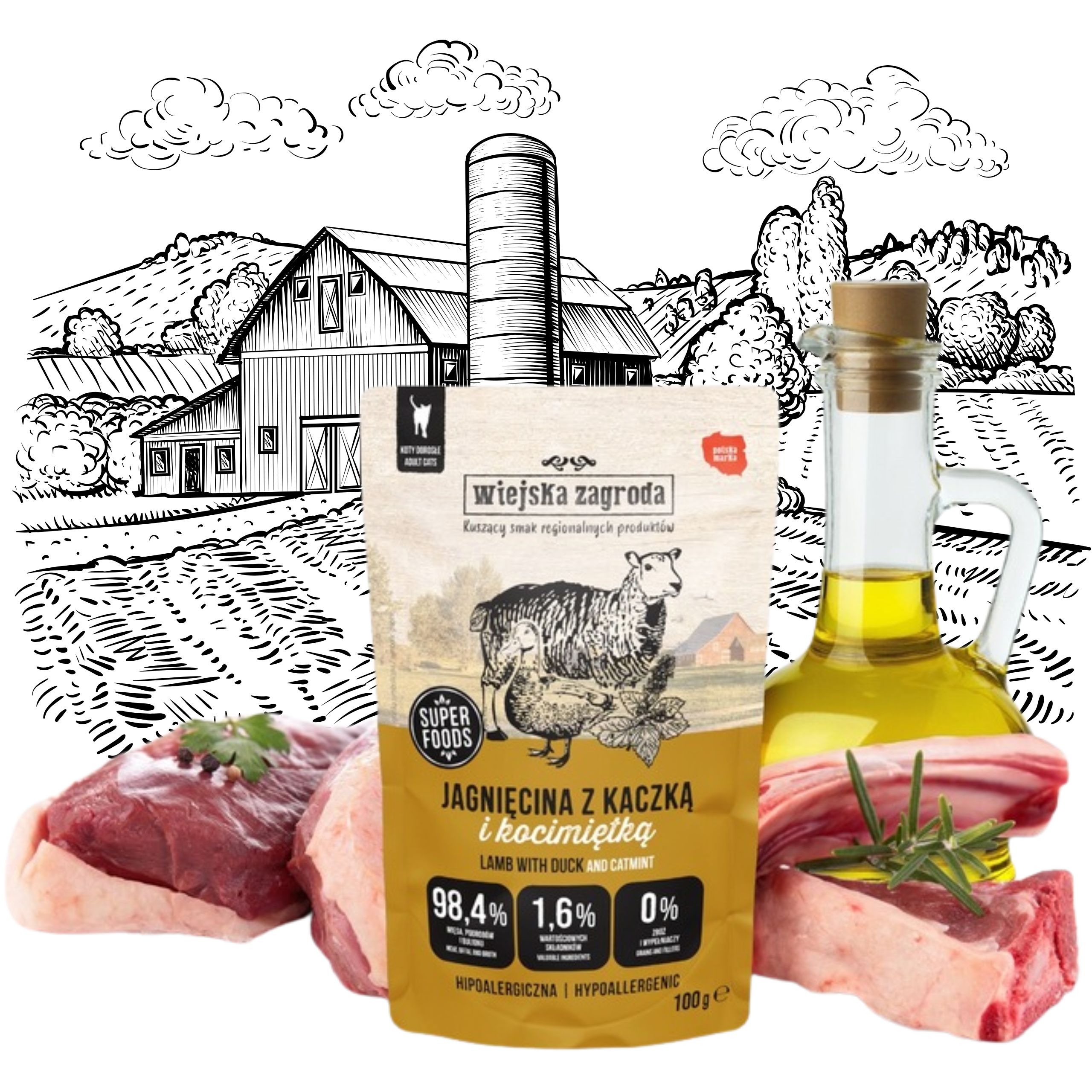 karma mokra dla kota jagnięcina z kaczką i kocimiętką 100g wiejska zagroda