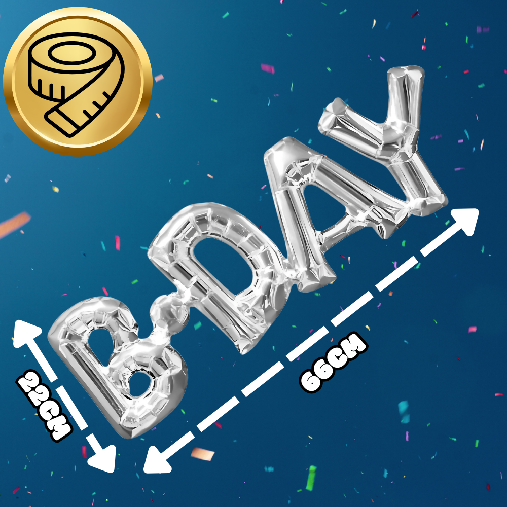 balon foliowy ogromny napis b-day srebrny urodziny 66 cm x 22 cm