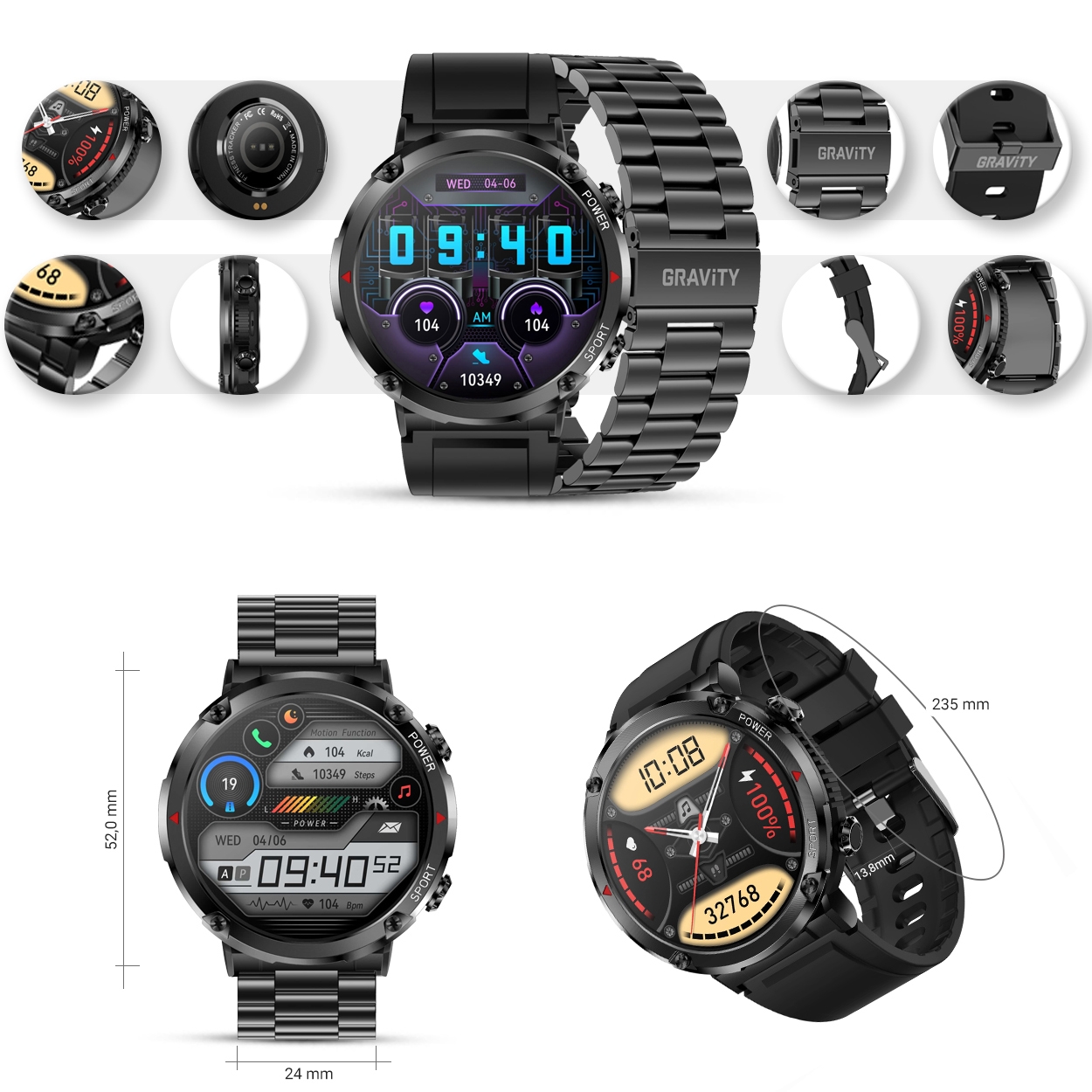 smartwatch gravity gt21-1+ czarny pasek silikonowy