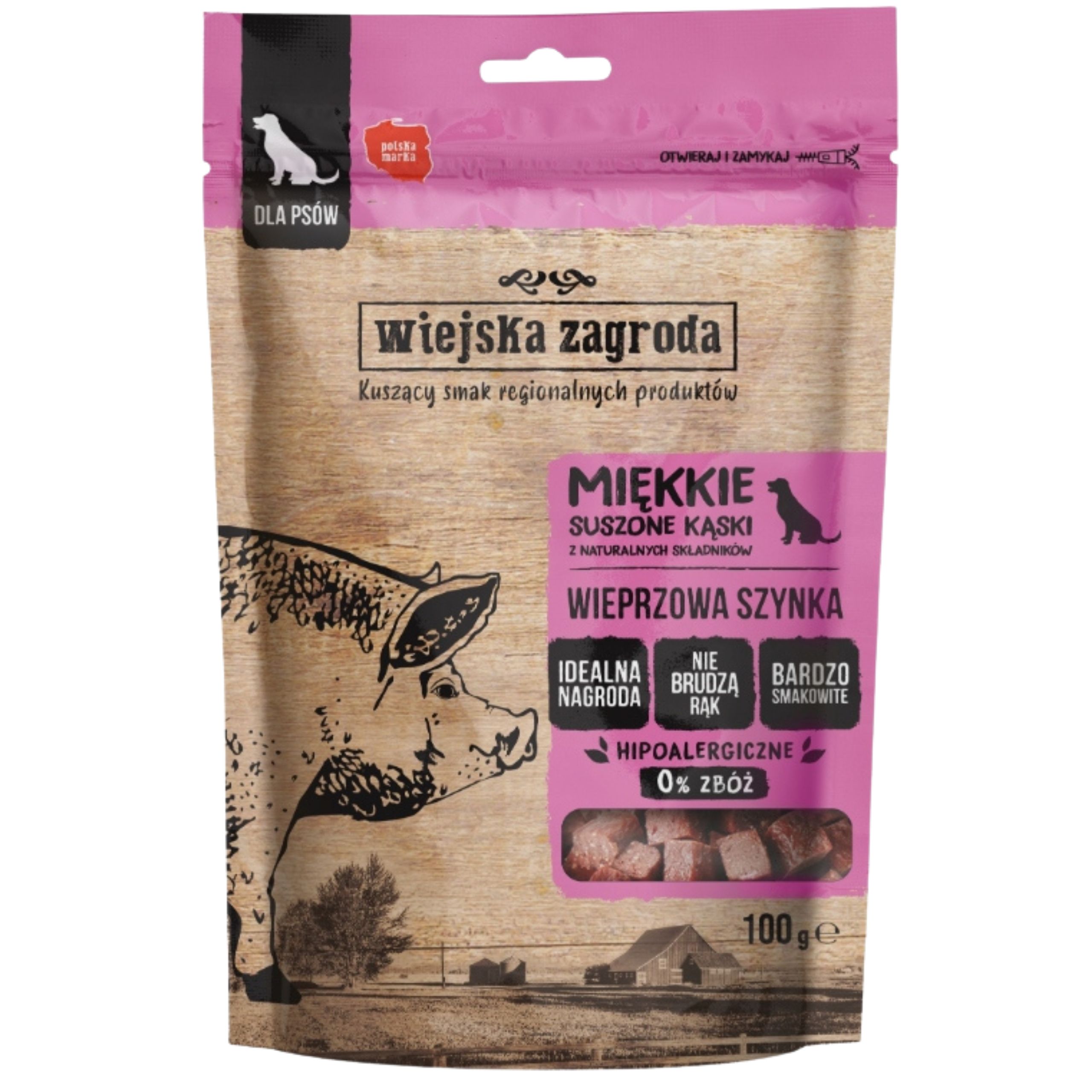 przysmaki dla psa wiejska zagroda suszone kąski wieprzowa szynka 100g