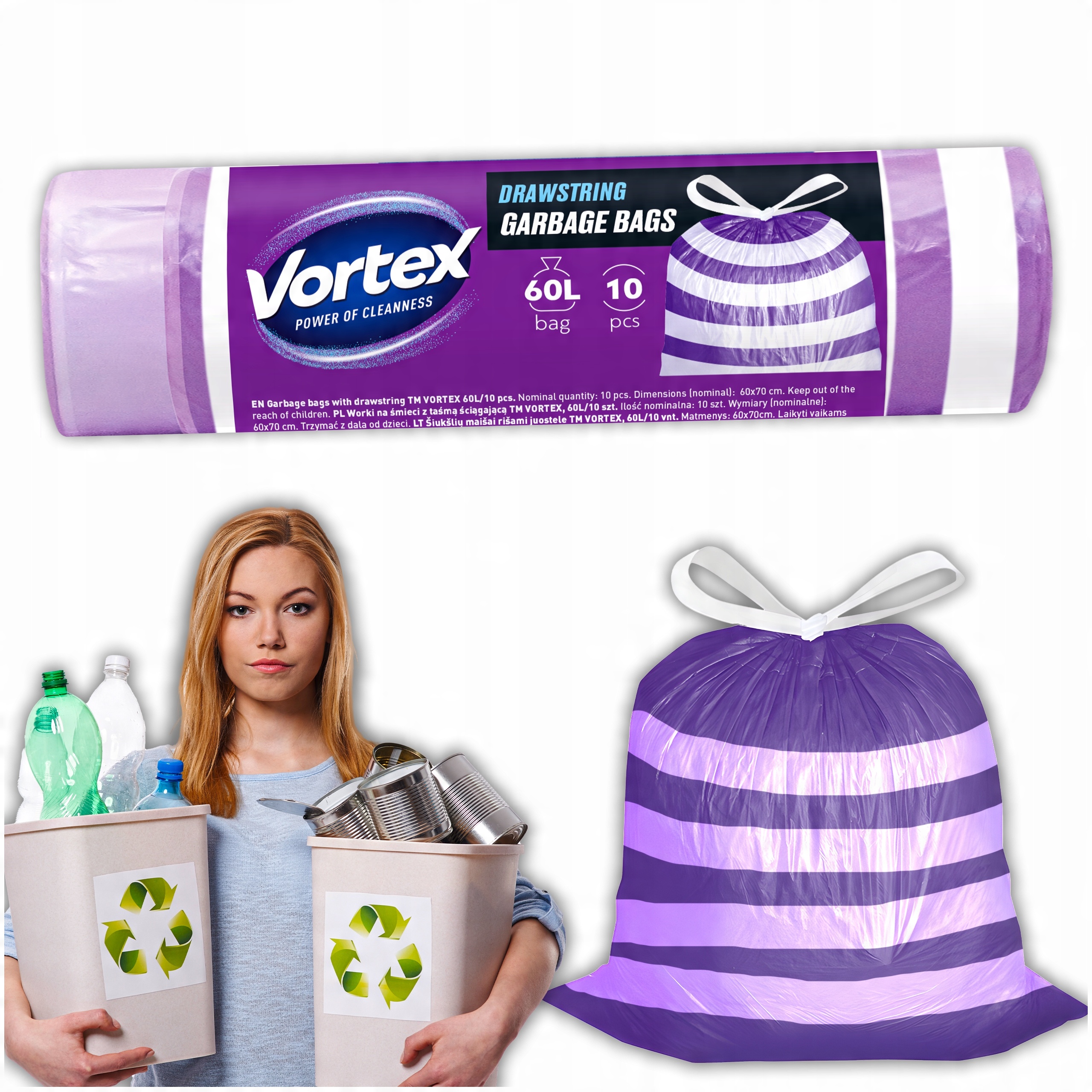 vortex worki na śmieci z taśmą ściągającą hdpe 60x65cm