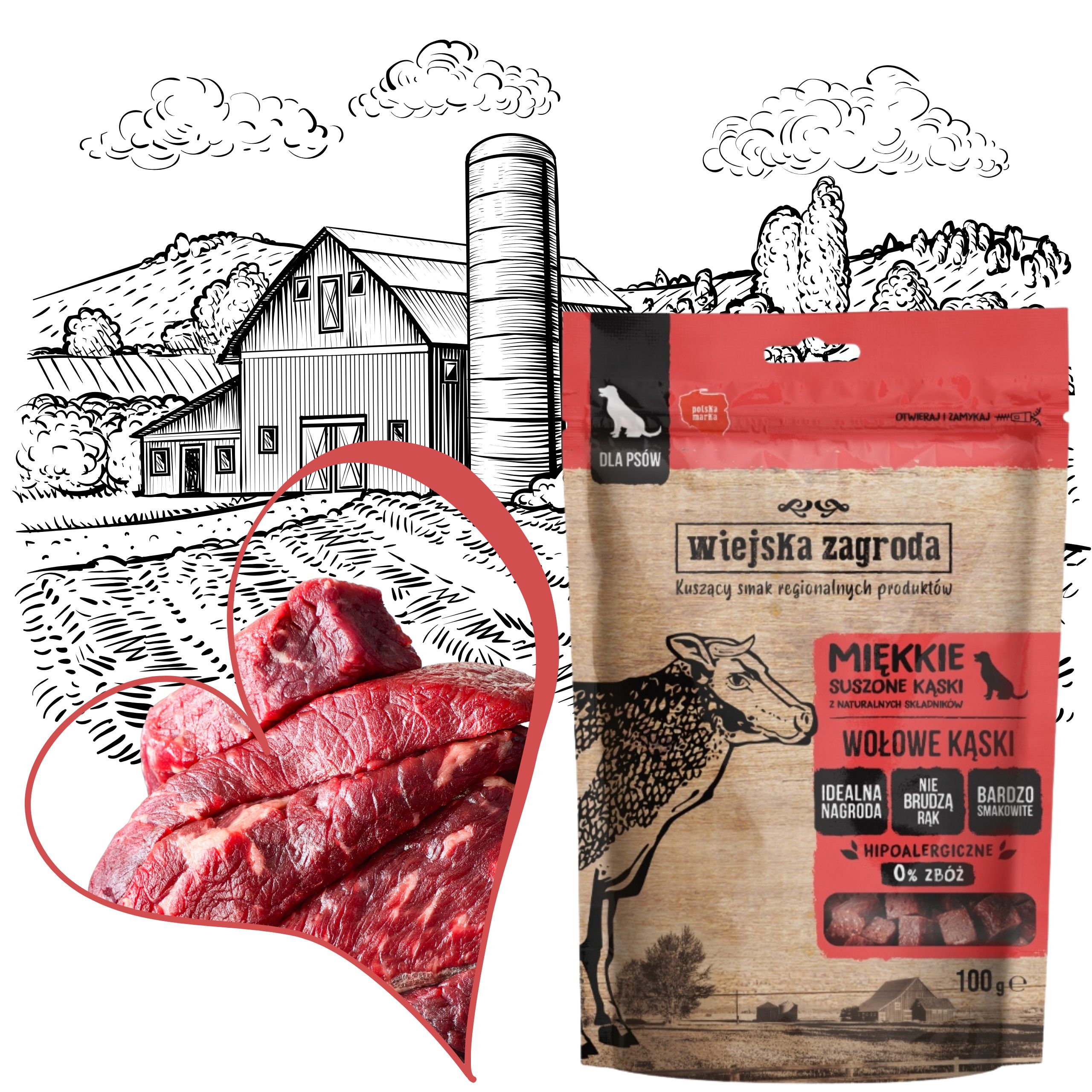 przysmaki dla psa wiejska zagroda miękkie suszone kąski wołowina 100g