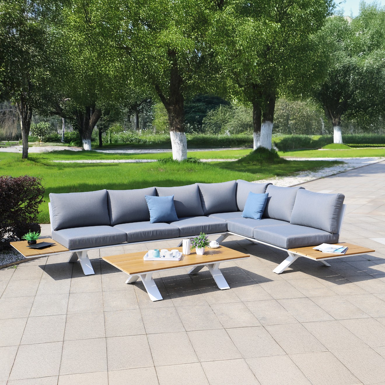 zestaw mebli ogrodowych narożnik sofa stolik komplet na ogród taras leżanka