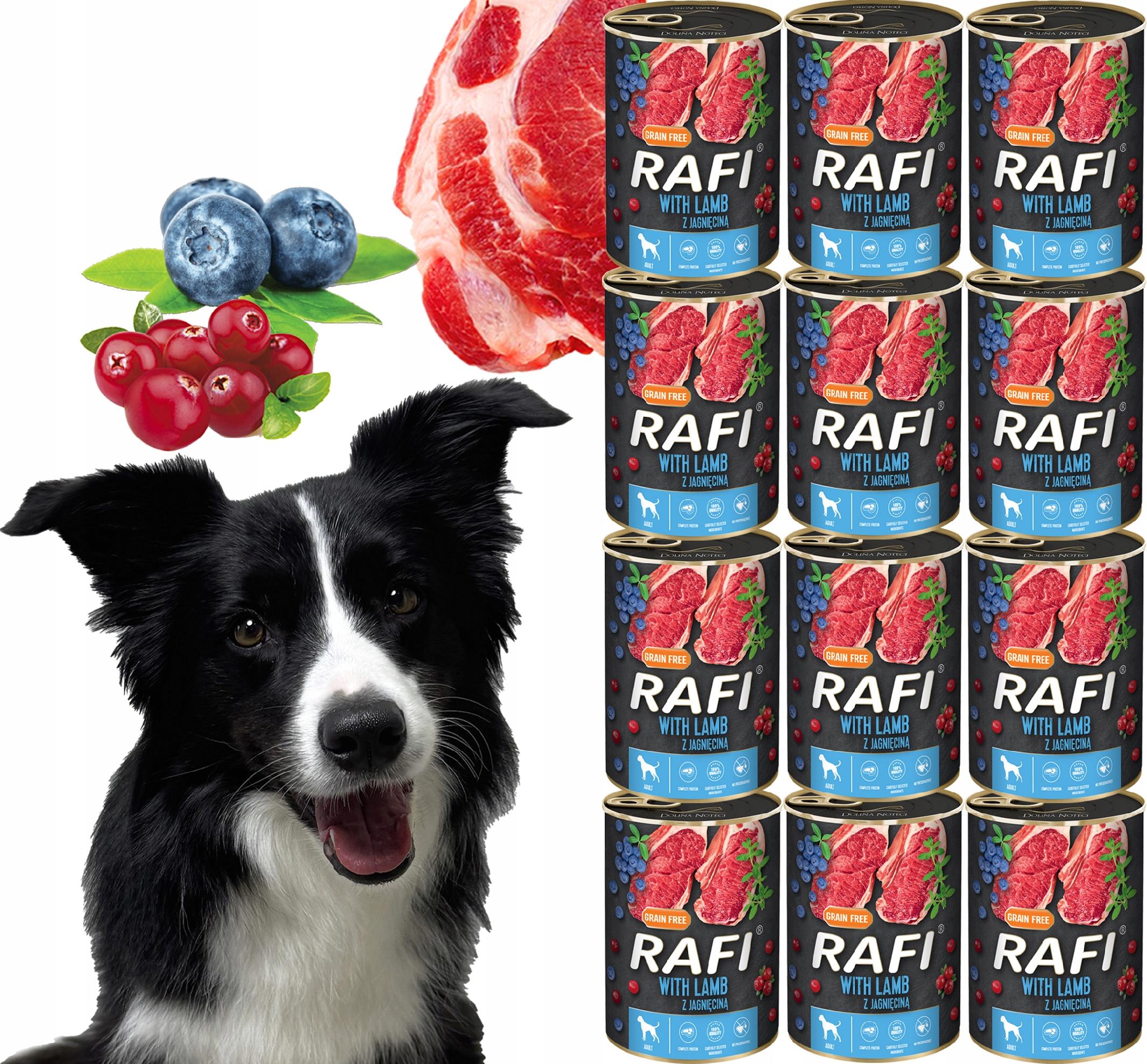 karma mokra dla psów rafi z jagnięciną, borówką i żurawiną 400g - 12 szt.