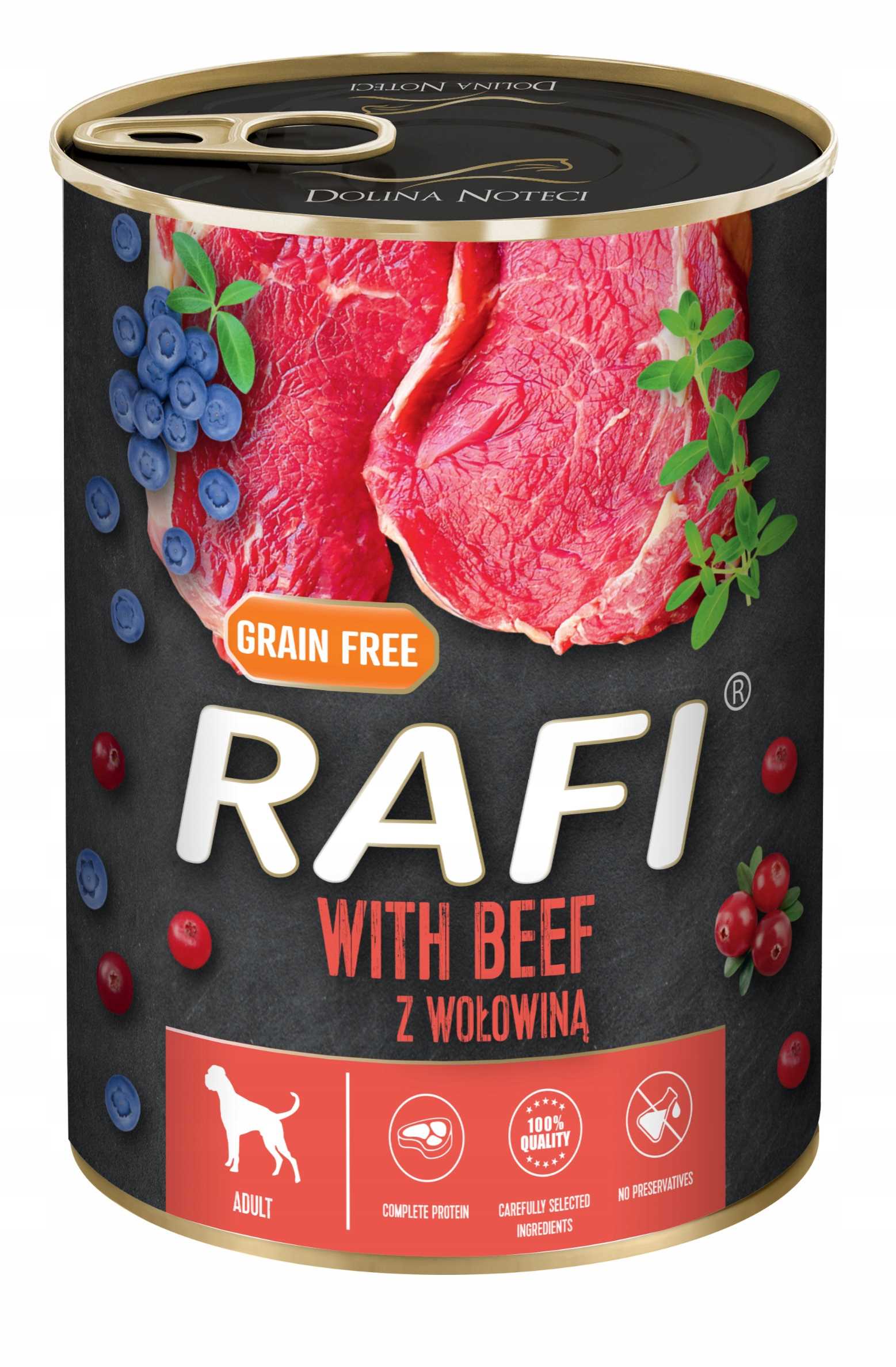 karma mokra dla psów rafi z wołowiną, borówką i żurawiną 400g - 6 szt.