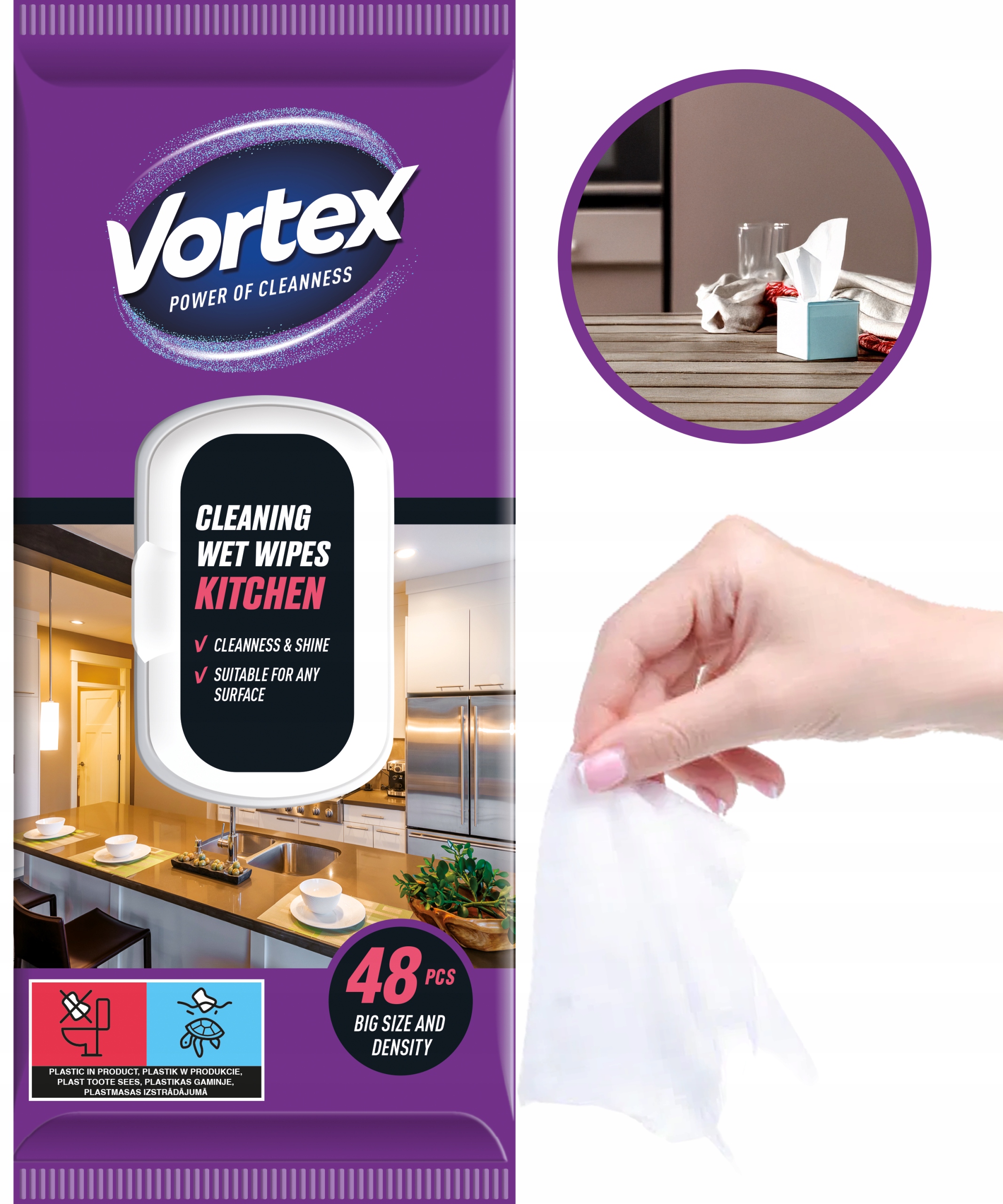 vortex chusteczki nawilżane do kuchni, flip top, 48 sztuk