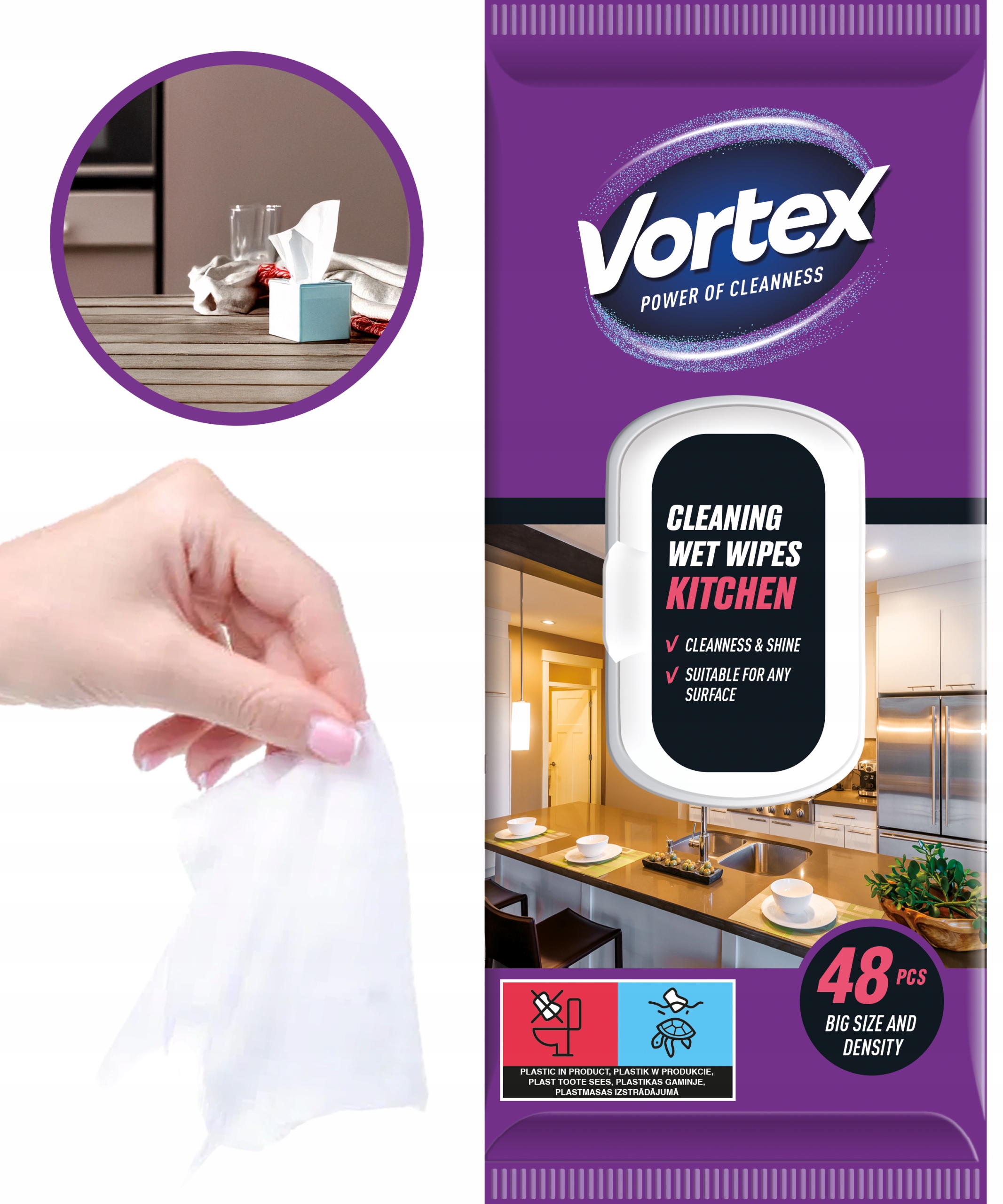 vortex chusteczki nawilżane do kuchni, flip top, 48 sztuk