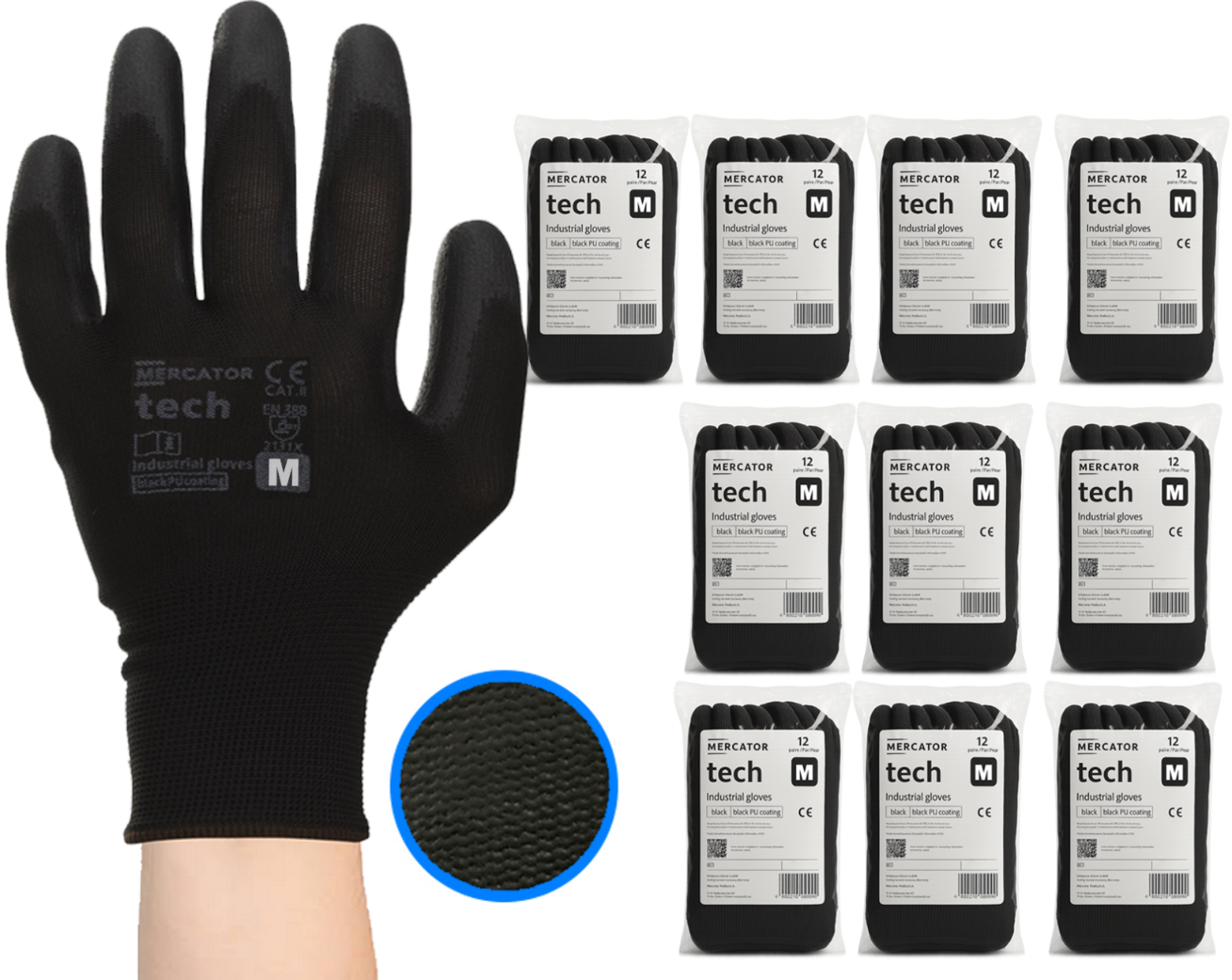rękawice robocze mercator tech black+black pu - m - 120 par