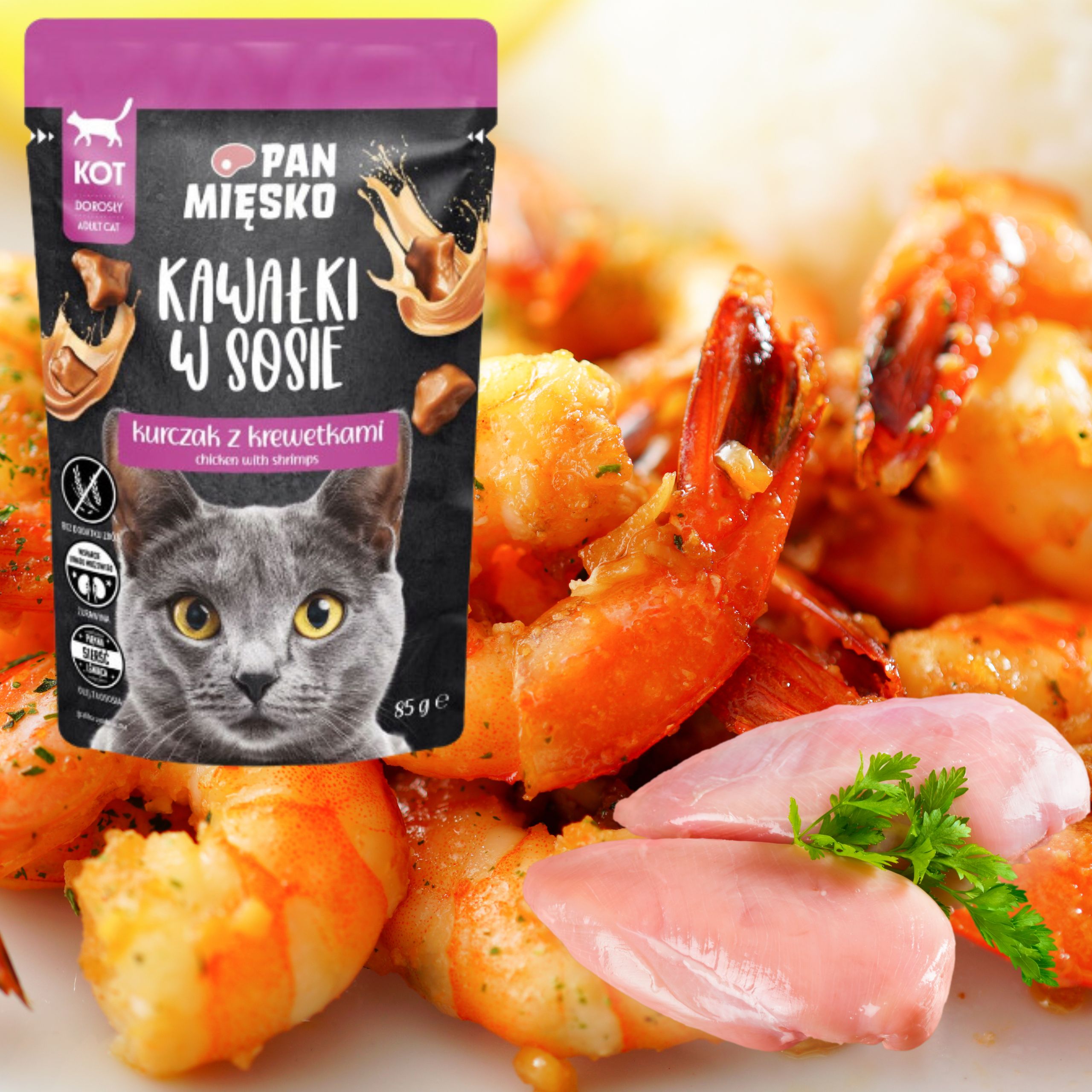 karma mokra dla kota kawałki mięsa kurczak krewetki pan mięsko 85g bez zbóż