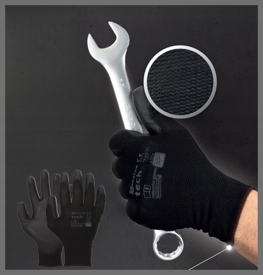 rękawice robocze mercator tech black+black pu - m - 1 para