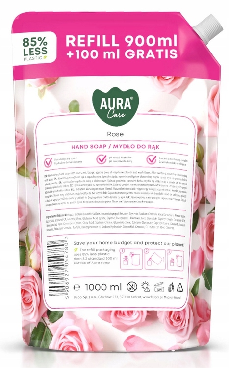 aura care mydło do rąk nawilżające róża 1000 ml uzupełniające ahs-002-001