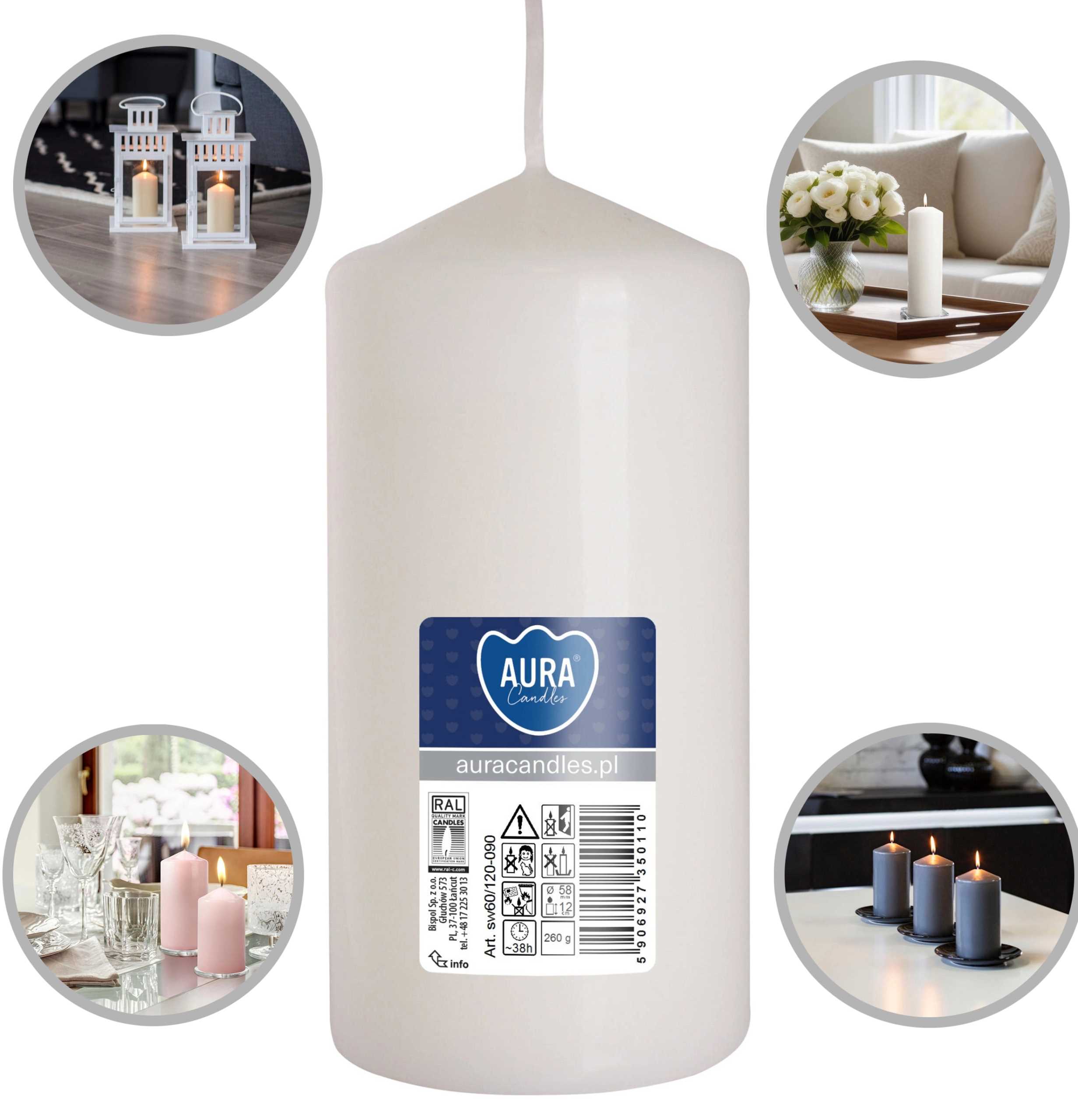 aura świeca walec biała 38h sw60/120-090