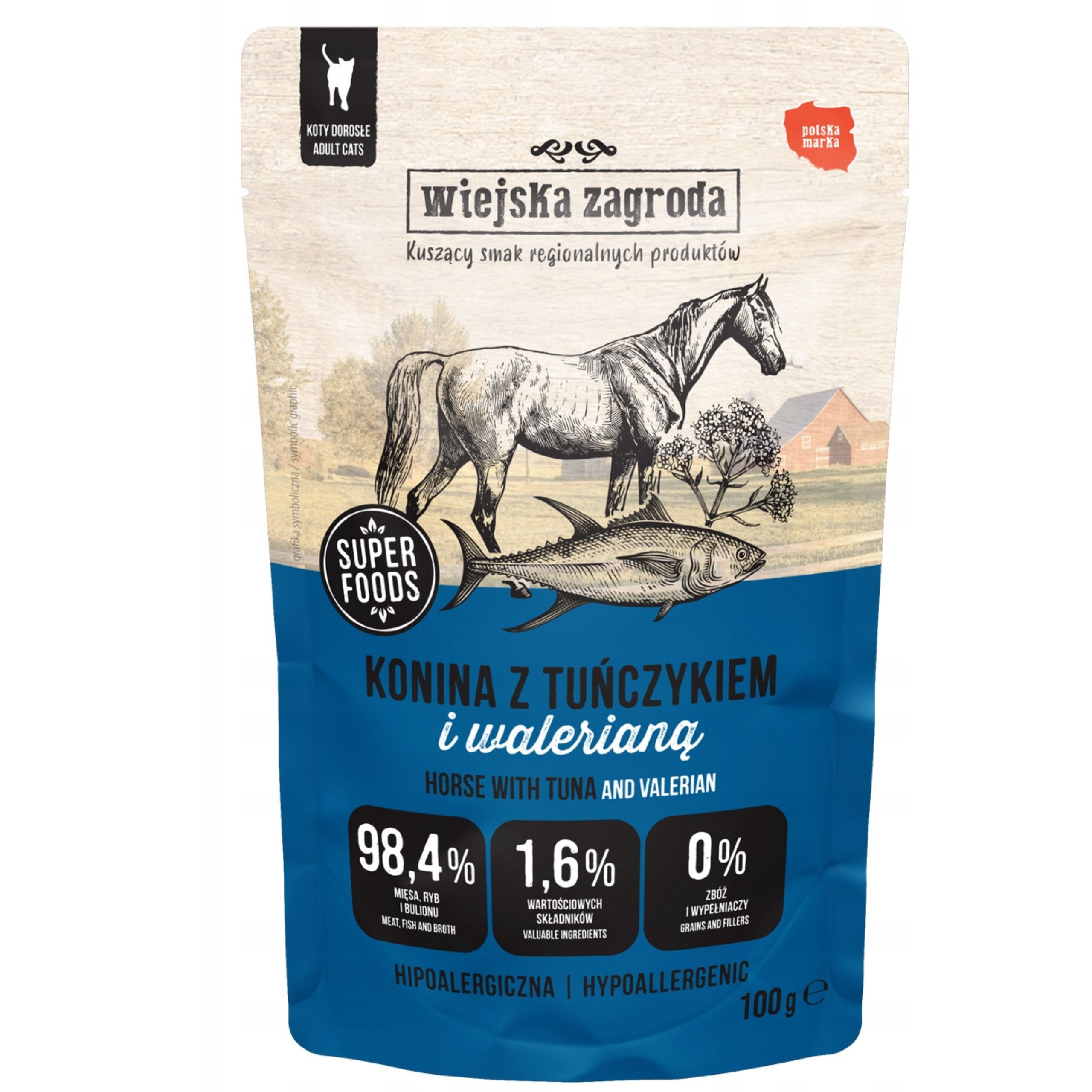 karma mokra dla kota konina z tuńczykiem i waleriana 100g wiejska zagroda