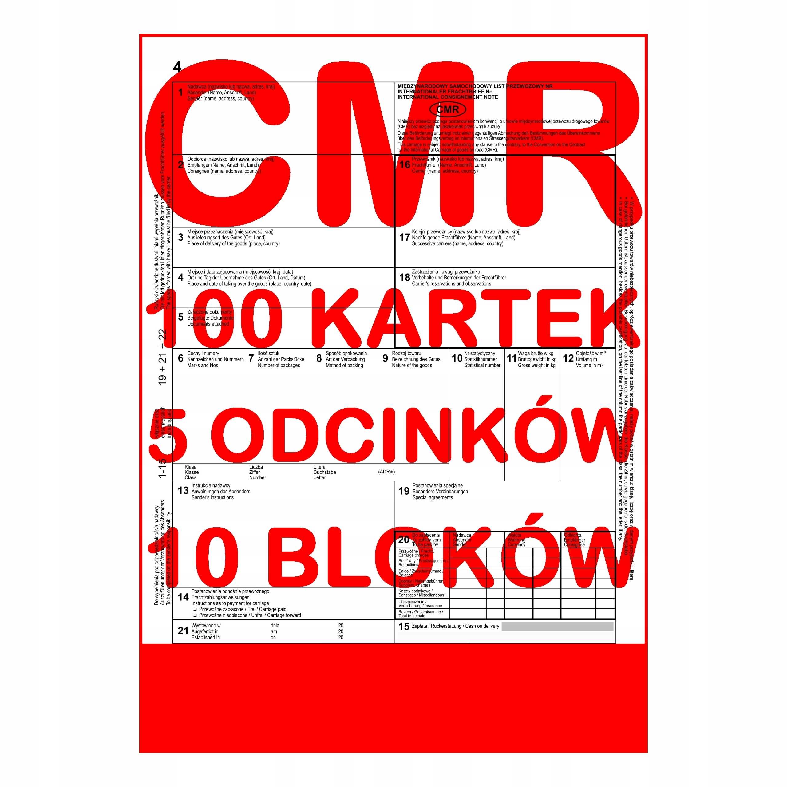 cmr list przewozowy 100 kartek - 5 odcinków - 20 kompletów - 10 szt.