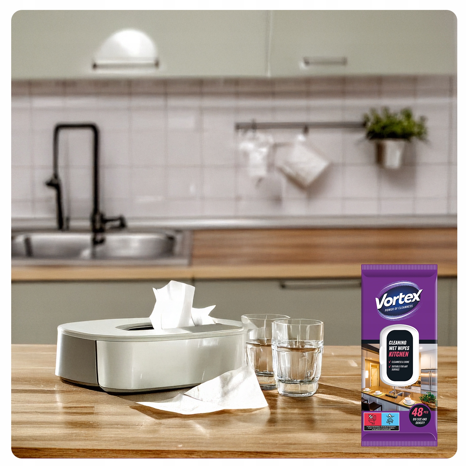 vortex chusteczki nawilżane do kuchni, flip top, 48 sztuk
