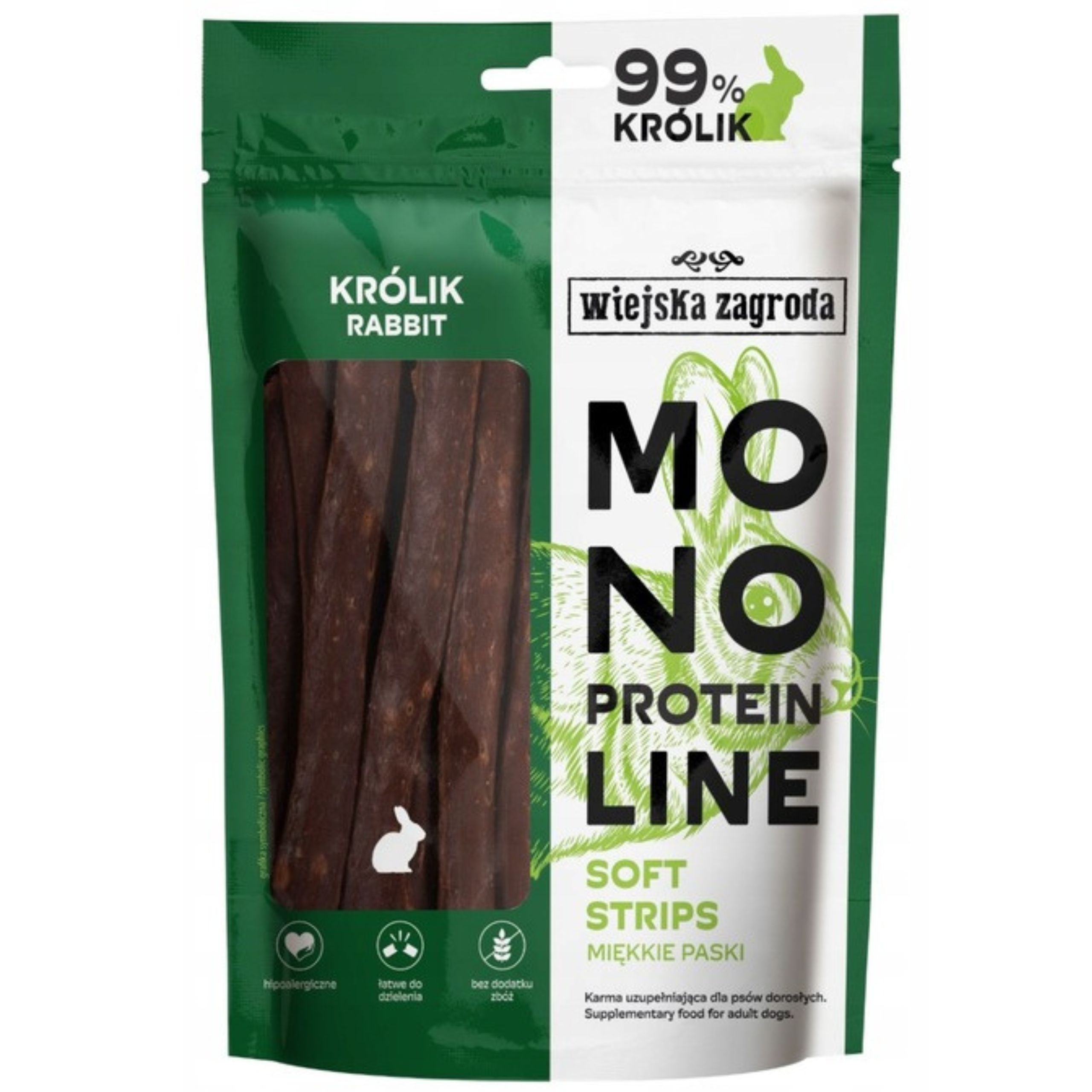 przysmaki dla psa królik monoproteinowe miękkie paski wiejska zagroda 100g