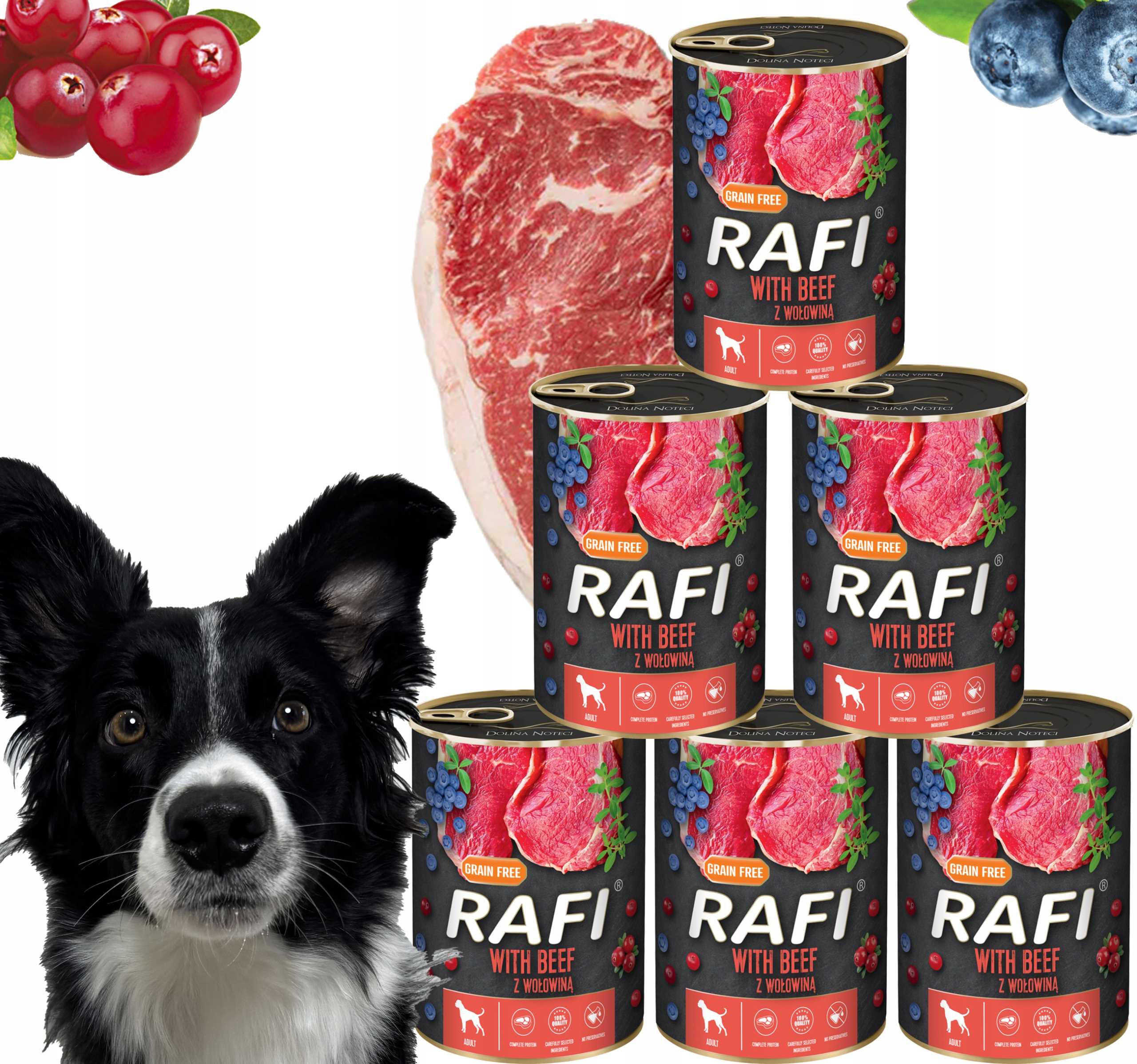 karma mokra dla psów rafi z wołowiną, borówką i żurawiną 400g - 6 szt.