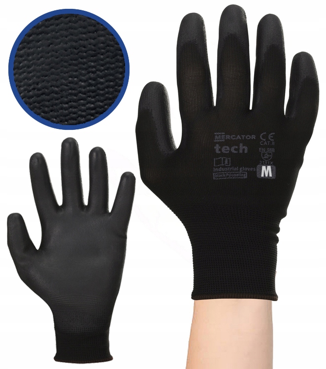rękawice robocze mercator tech black+black pu - m - 1 para