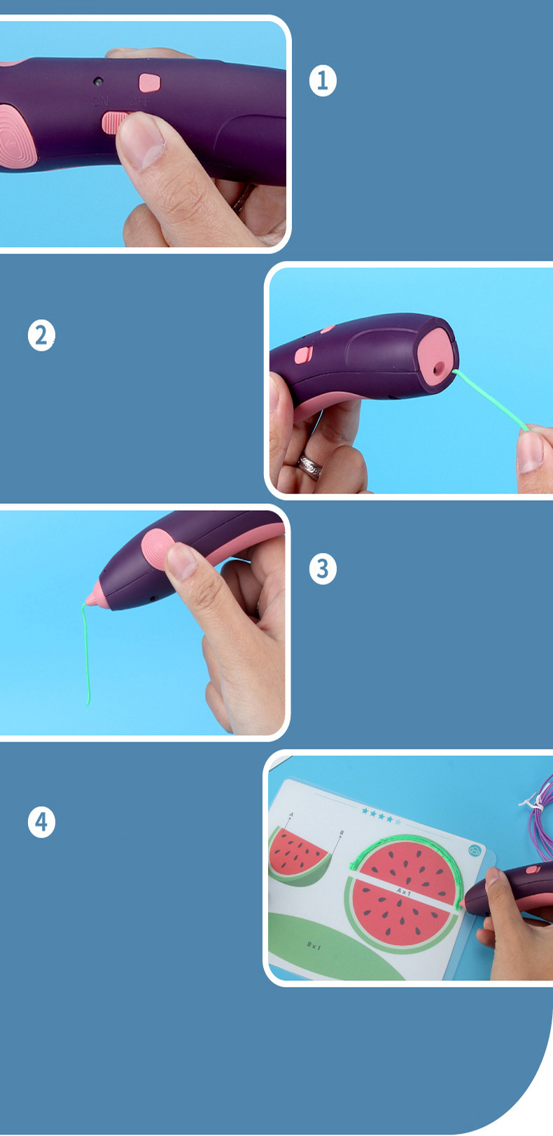 długopis drukarka 3d pen bezpieczny zestaw + wzory fioletowy