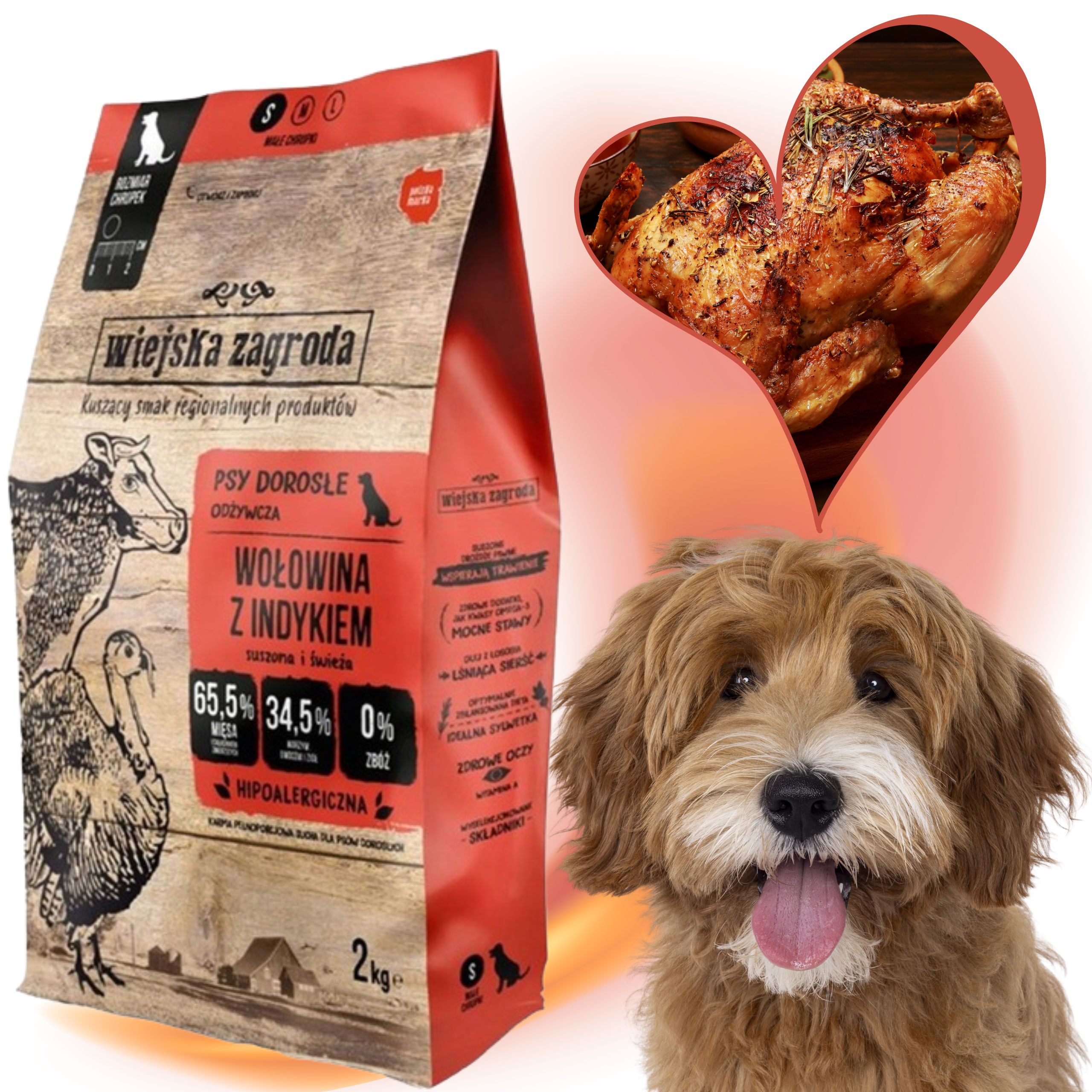 sucha karma dla psa wiejska zagroda wołowina z indykiem chrupki s 2 kg