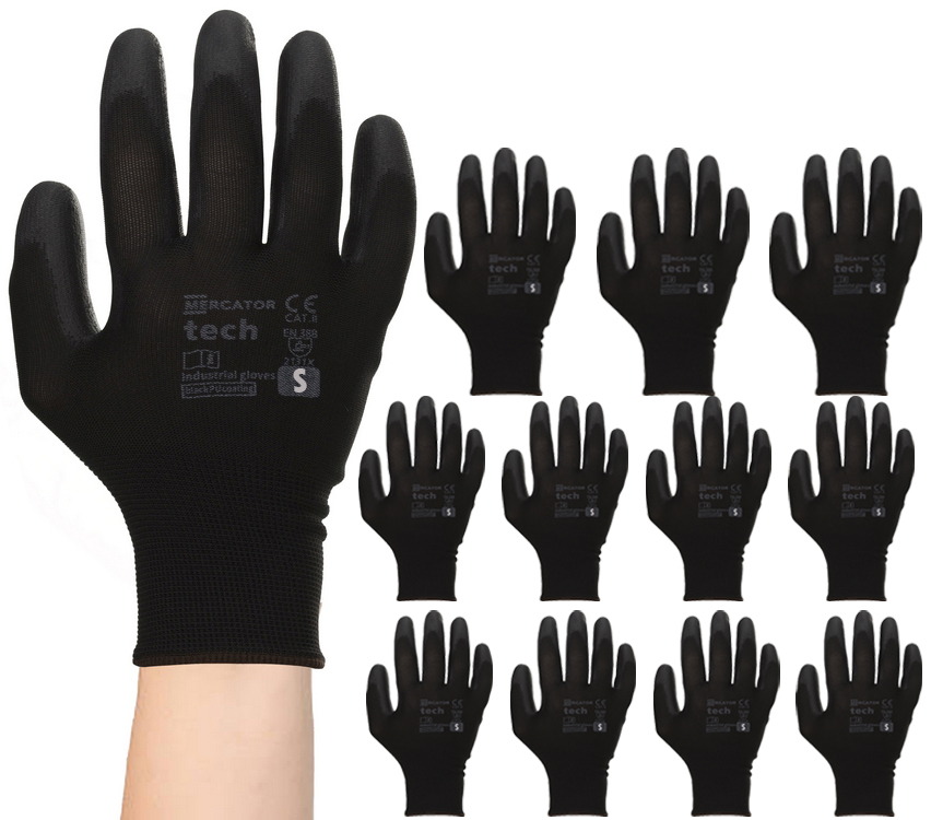 rękawice robocze mercator tech black+black pu - s - 12 par