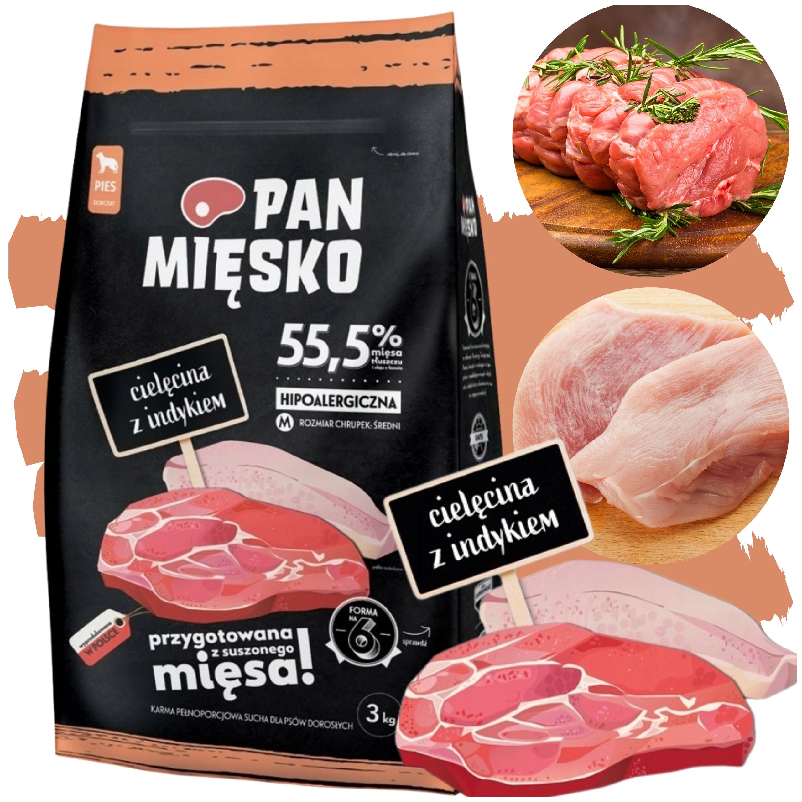 sucha karma dla psa cielęcina z indykiem pan mięsko hipoalergiczna m 3 kg
